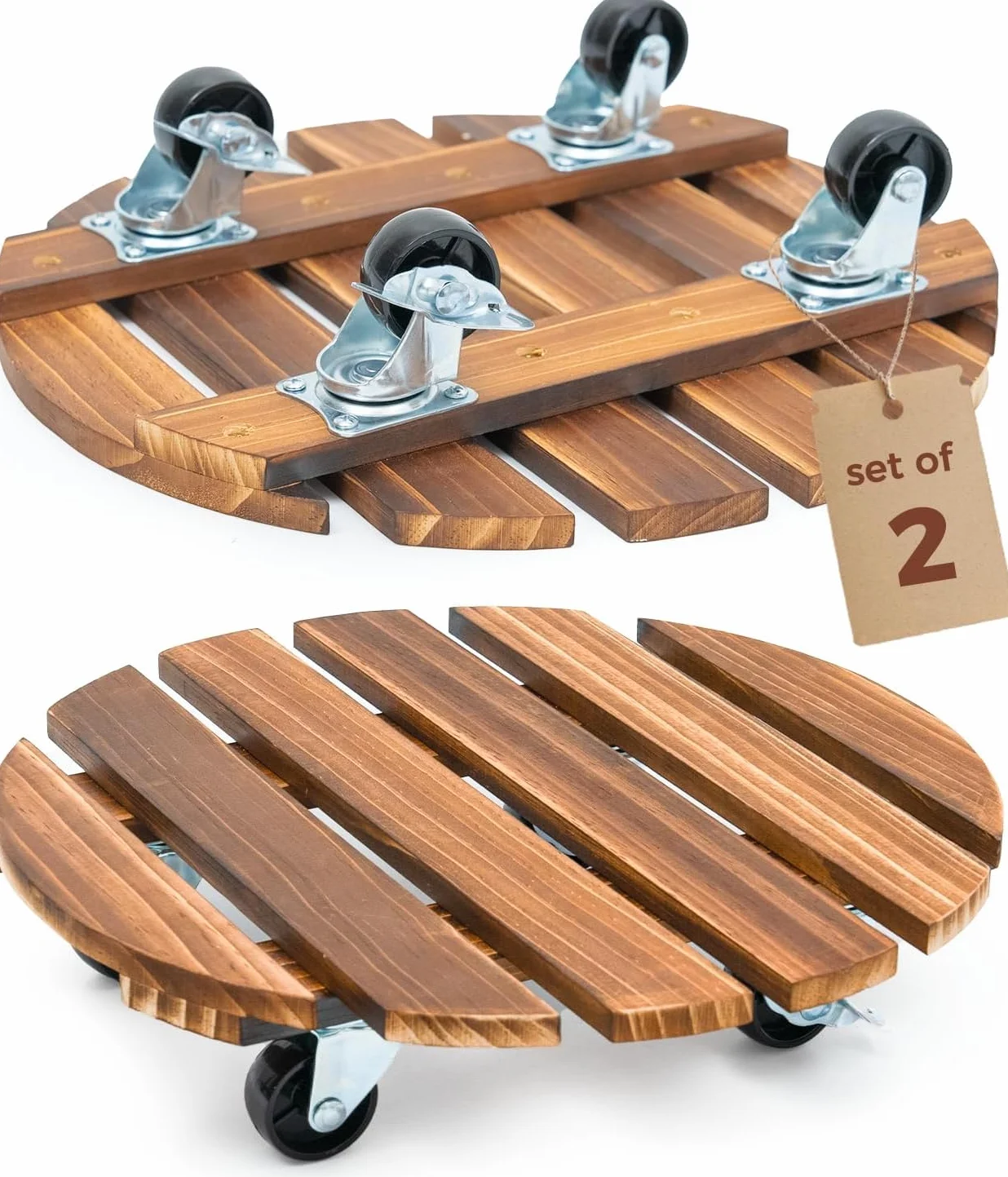 Bamworld Drewniany pojemnik na rośliny z kółkami 35 cm, wytrzymały wózek na rośliny o udźwigu 109 kg, kółka zamykane 360°, do dużych doniczek, ciężkich przedmiotów, idealny do użytku wewnątrz i na