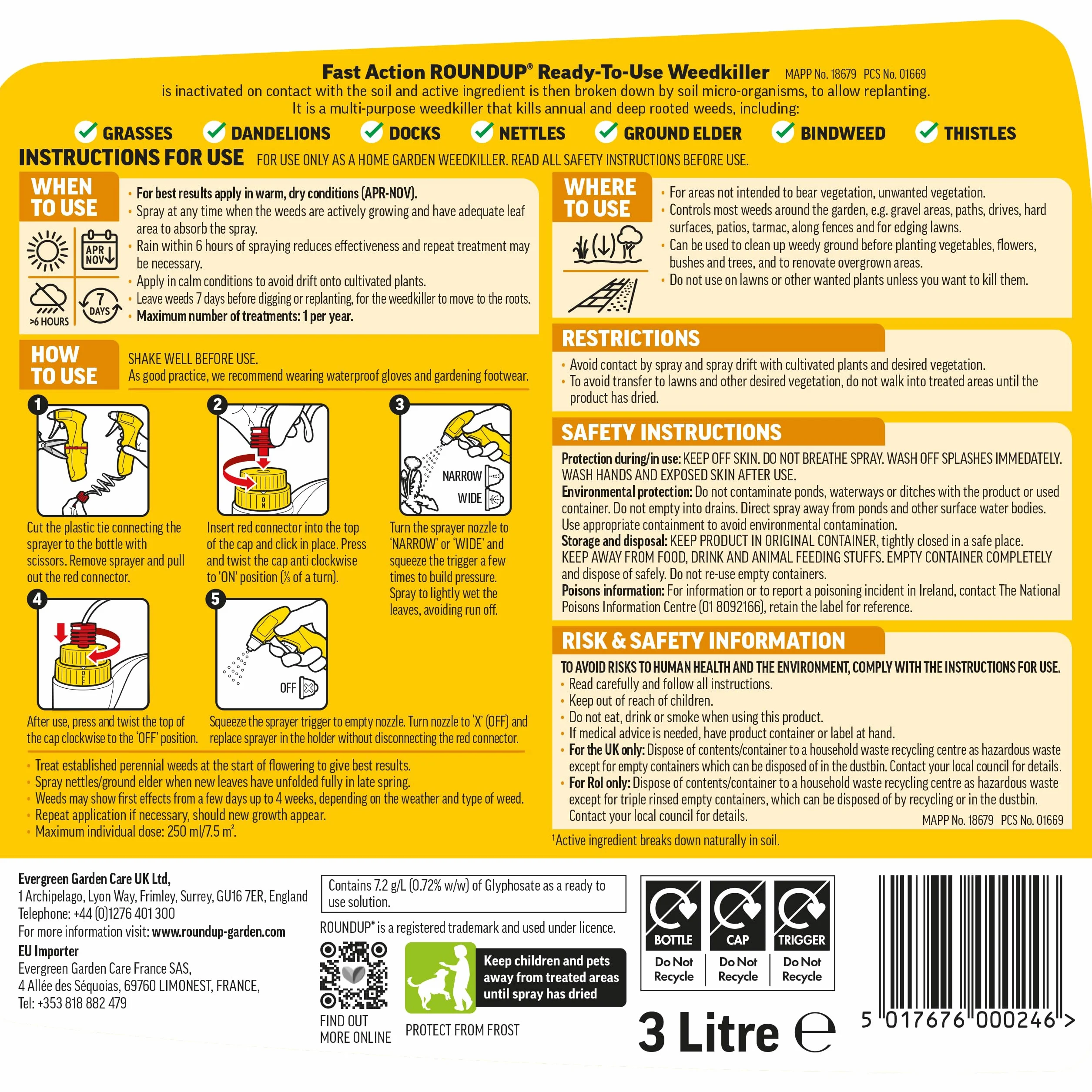 Roundup Fast Action środek do usuwania chwastów, gotowy do użycia, ręczny spray, 3 litry