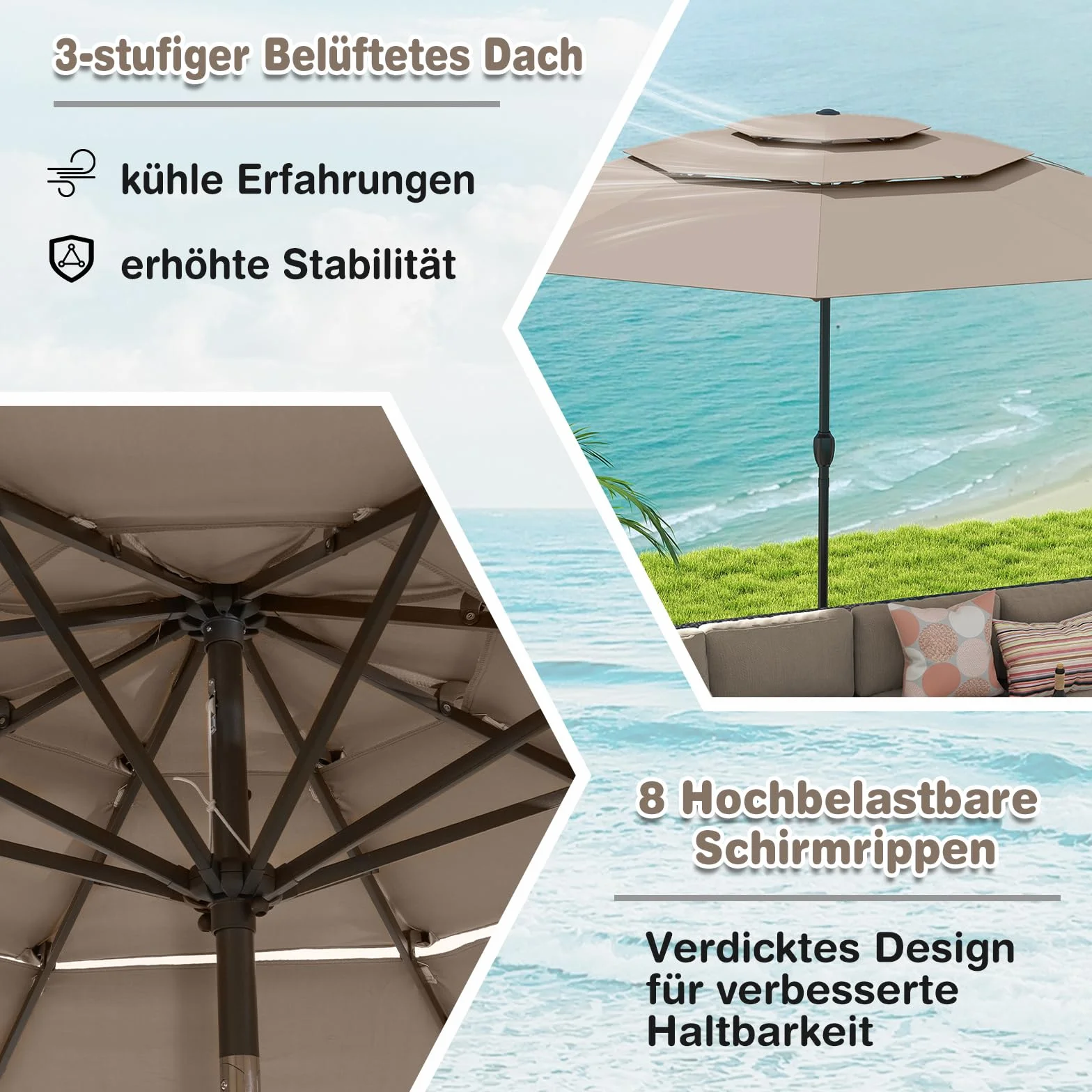 COSTWAY Parasol przeciwsłoneczny, odporny na wiatr, stabilny, 300 cm, parasol ogrodowy z korbą, obustronnie zginany o 45°, ochrona przed promieniowaniem UV, ochrona przed słońcem, na taras, do ogrodu,