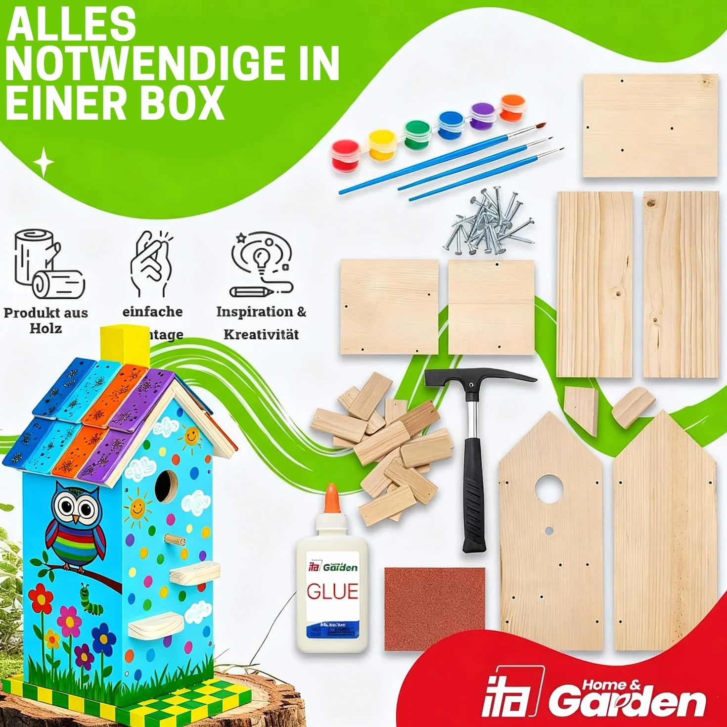 ITA Skyhaven budka lęgowa DIY do montażu i malowania – domek dla ptaków kompletny zestaw z młotkiem, gwoździami, farbami do budowania i malowania dla dzieci – zestaw do majsterkowania dla chłopców i