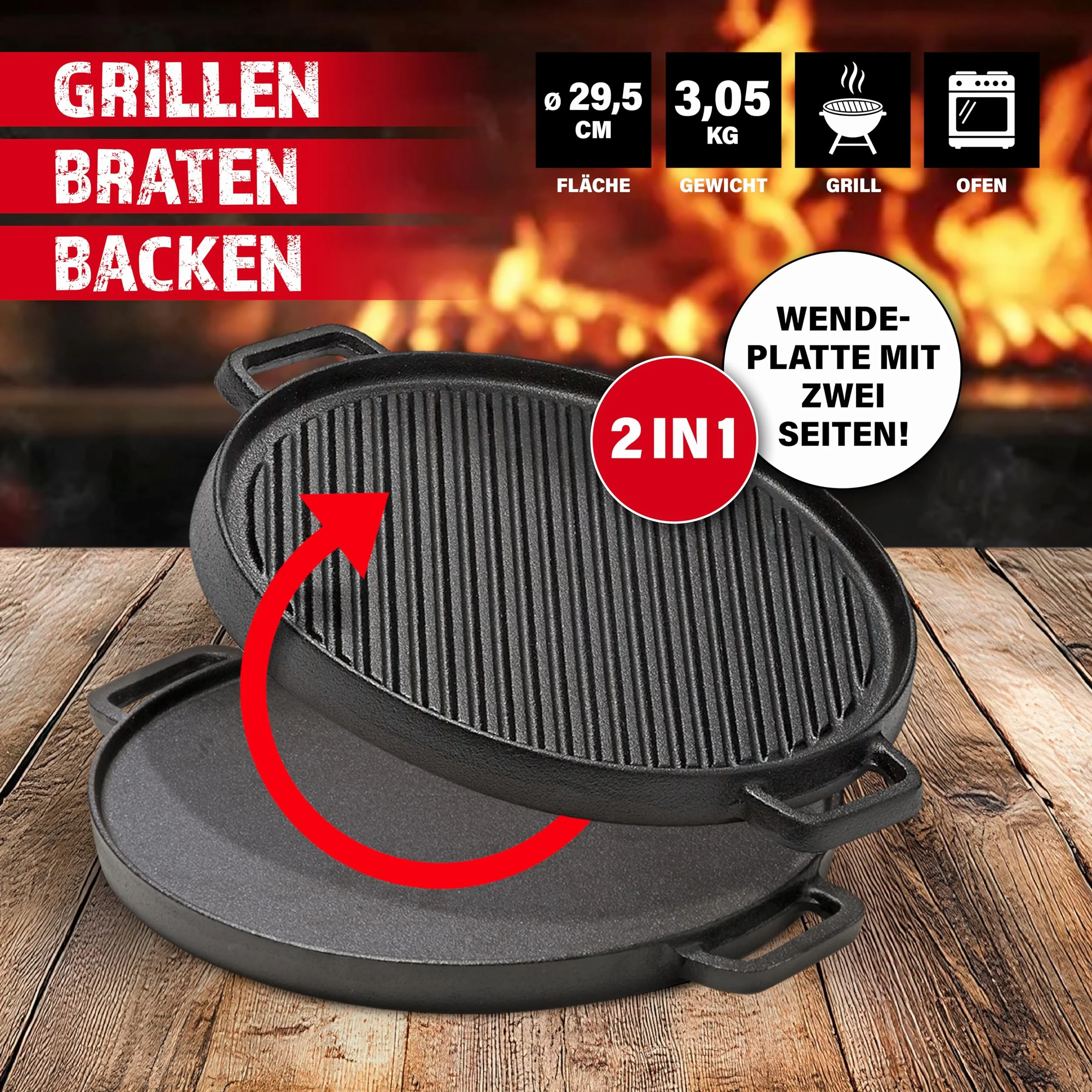 BBQ Boss Żeliwna płyta grillowa [2 w 1], ruszt do grillowania, okrągła płyta do grilla, dwustronna, do grilla i piekarnika, Ø 29,5