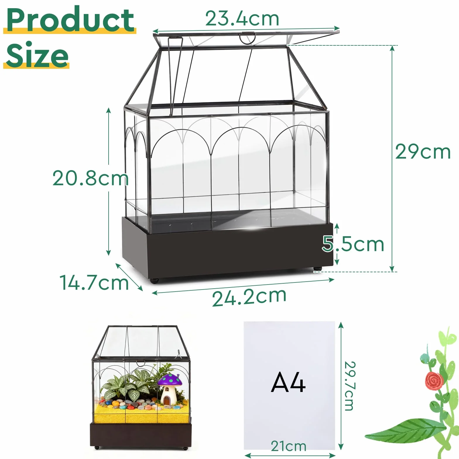 EFUTURETIME Mini szklarnia, parapet okienny, szklany z tacką na ścinki, 24,2 x 14,7 x 29 cm, terrarium dla roślin, mały ogród w butelkach, "zrób to sam" (nie zawiera roślin), dekoracja na sukulenty