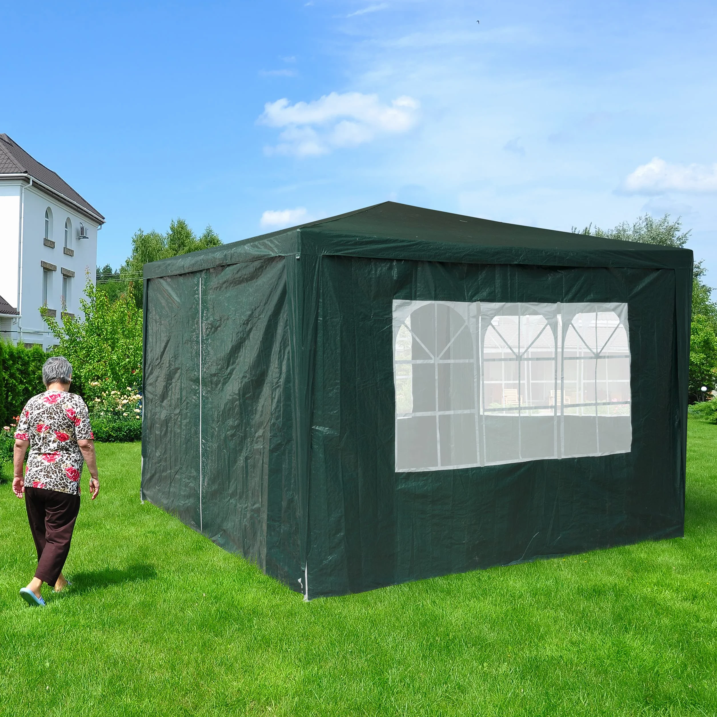 Relaxdays Ściana boczna do pawilonu, zestaw 4 sztuk, 3 ściany, okna, część boczna z zamkiem błyskawicznym, tworzywo sztuczne, wys. x szer. 2 x 3 m, kolor zielony