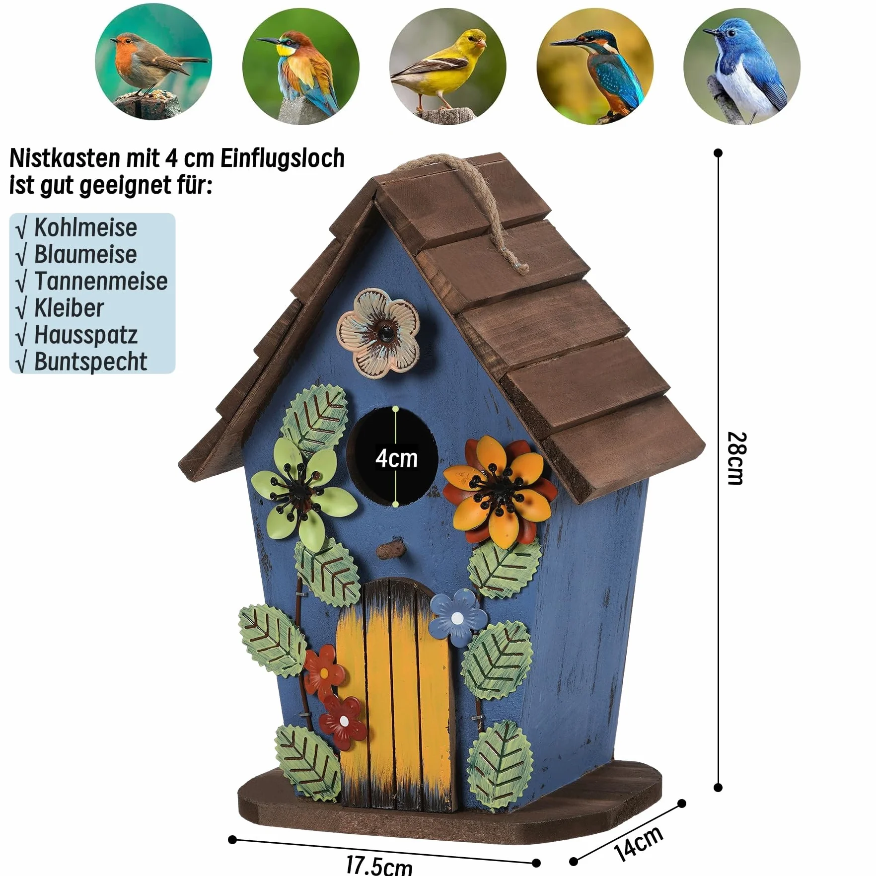 Wiszący domek dla ptaków, dekoracyjny domek dla ptaków, drewniane budki lęgowe dla dzikich ptaków, otwór wlotowy 40 mm, dekoracja ogrodowa, willa dla ptaków