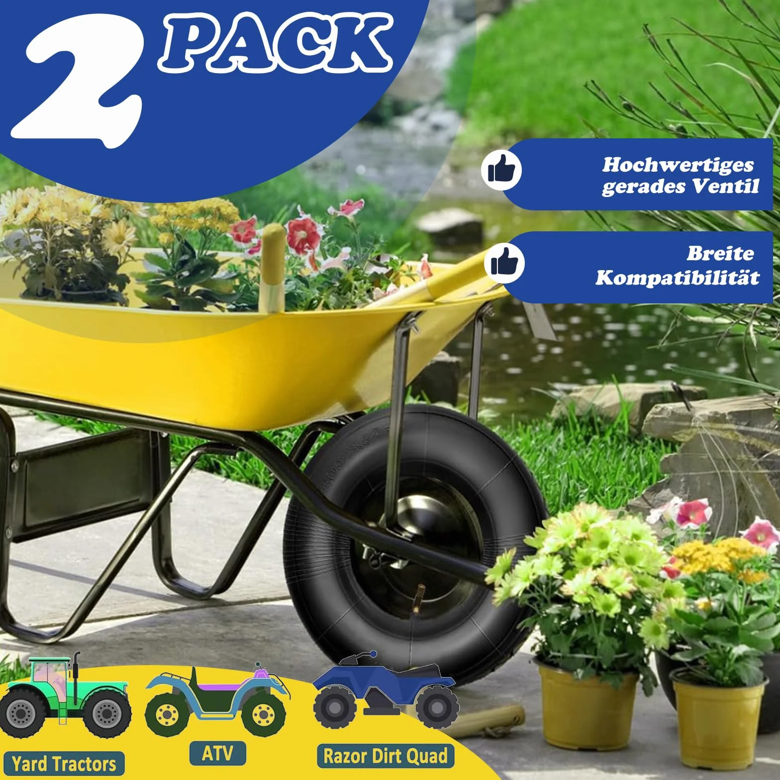 Dętka do kół, wąż do taczki, wąż taczki z zaworem samochodowym, prosty do wózka ręcznego, taczki, kosiarki, koła do wózka transportowego (13 x 5,00-6")