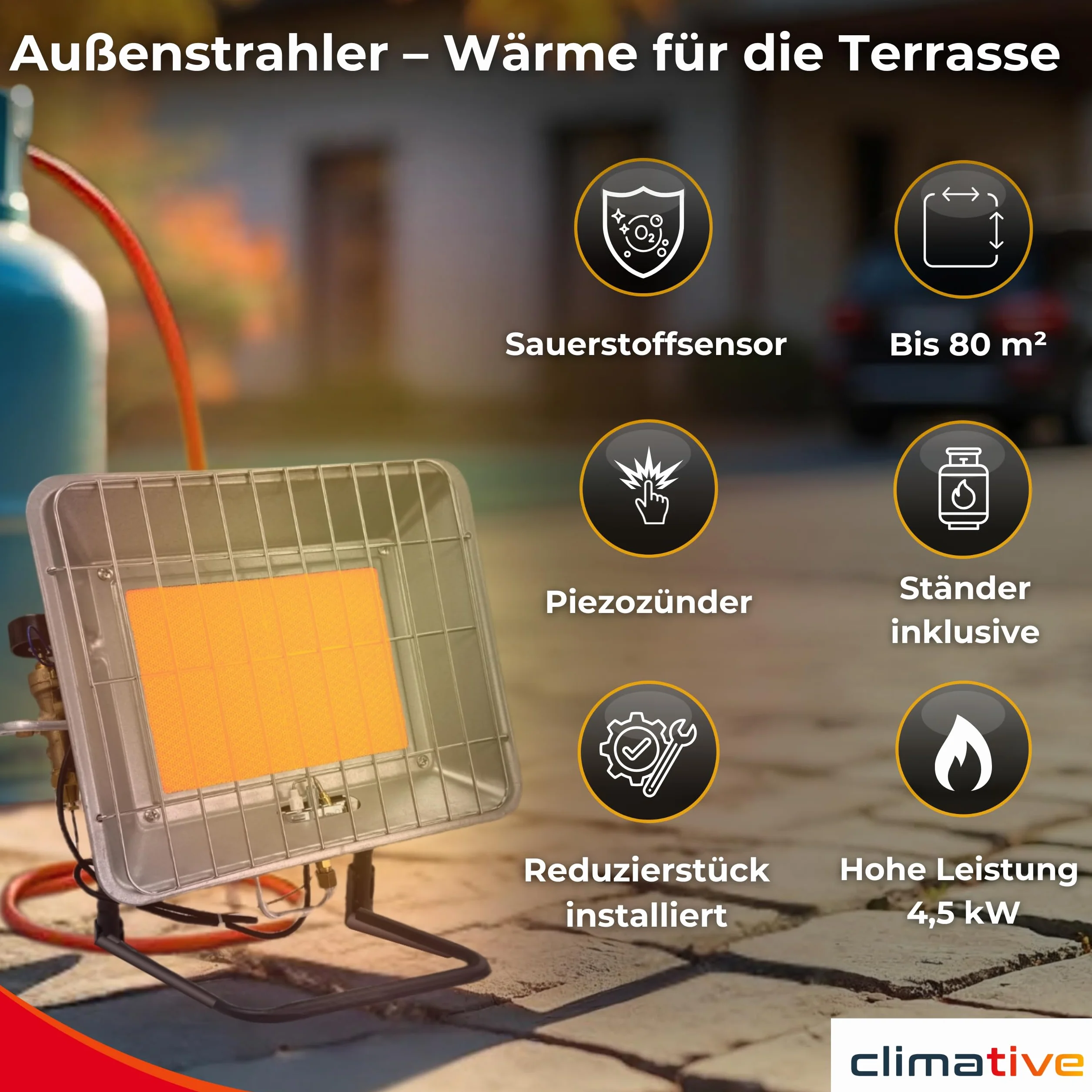 Promiennik gazowy Climative 4,5 kW z zapłonem piezo, promiennik tarasowy, zewnętrzny, w zestawie reduktor, wąż, uchwyt na butlę gazową, promiennik gazowy na taras, oszczędny, ogrzewanie zewnętrzne