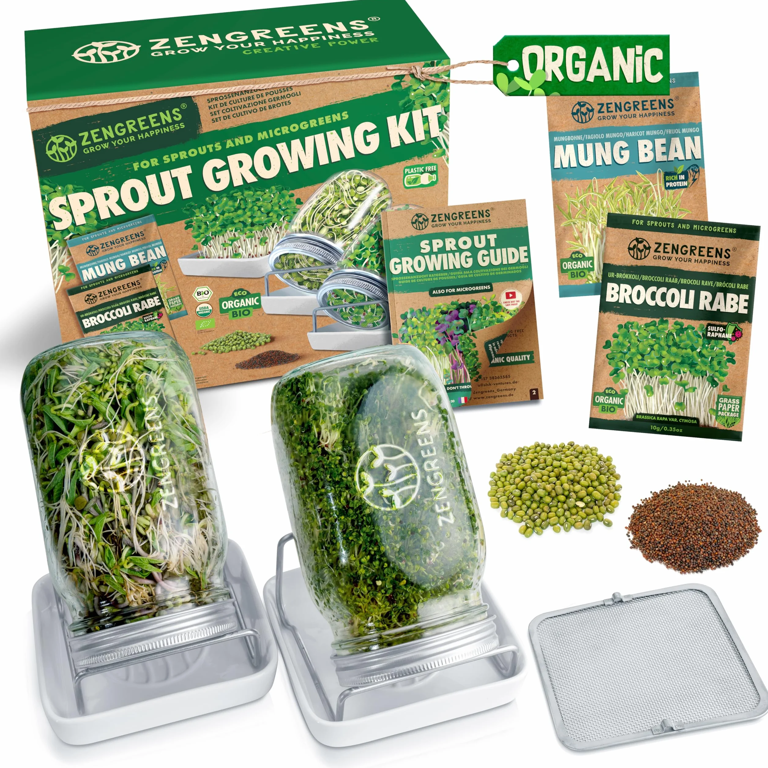 ZenGreens® Eko zestaw do uprawy kiełków – Słoik do kiełkowania, zestaw 1, 2 lub 3 szt. – Zawiera słoik, tackę do uprawy i nasiona na kiełki – w zestawie poradnik oraz kurs wideo online