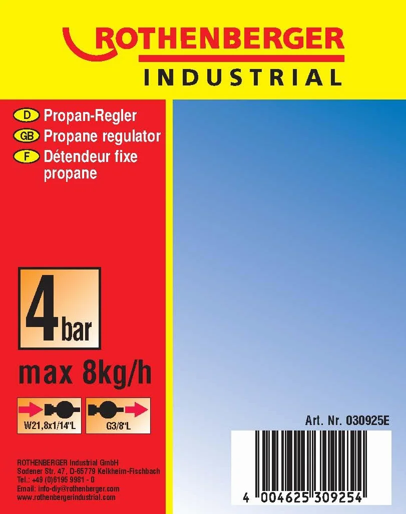 Rothenberger Industrial 030925E Regulator na Propan, do Wypalania, Wypalania Chwastów z Przyłączem 3/8", Butelki 5 i 11 Kg