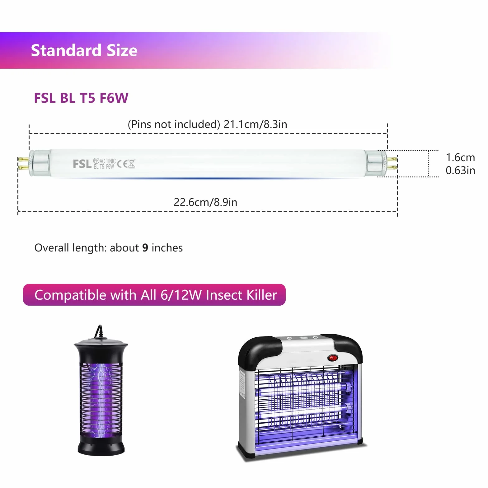FSL BL T5 6 W Fly Killer Bug Zapper Wymienne żarówki 23 cm rurki UV 2-pak
