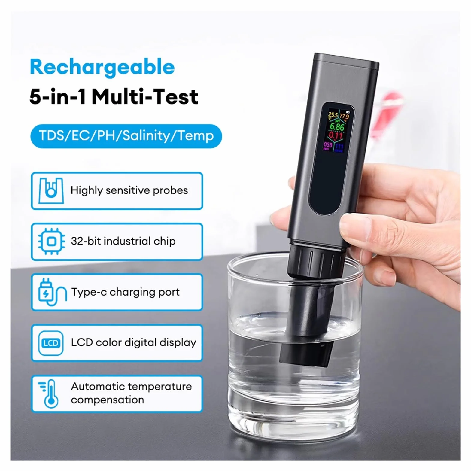 do wody pitnej, akwariów i nie tylko Rechargeable 5 in 1 Salinity/EC/TDS/PH Meter Digital Drinking Water Purity Quality Tester For Aquarium Hydroponics Typ/e-C Charge