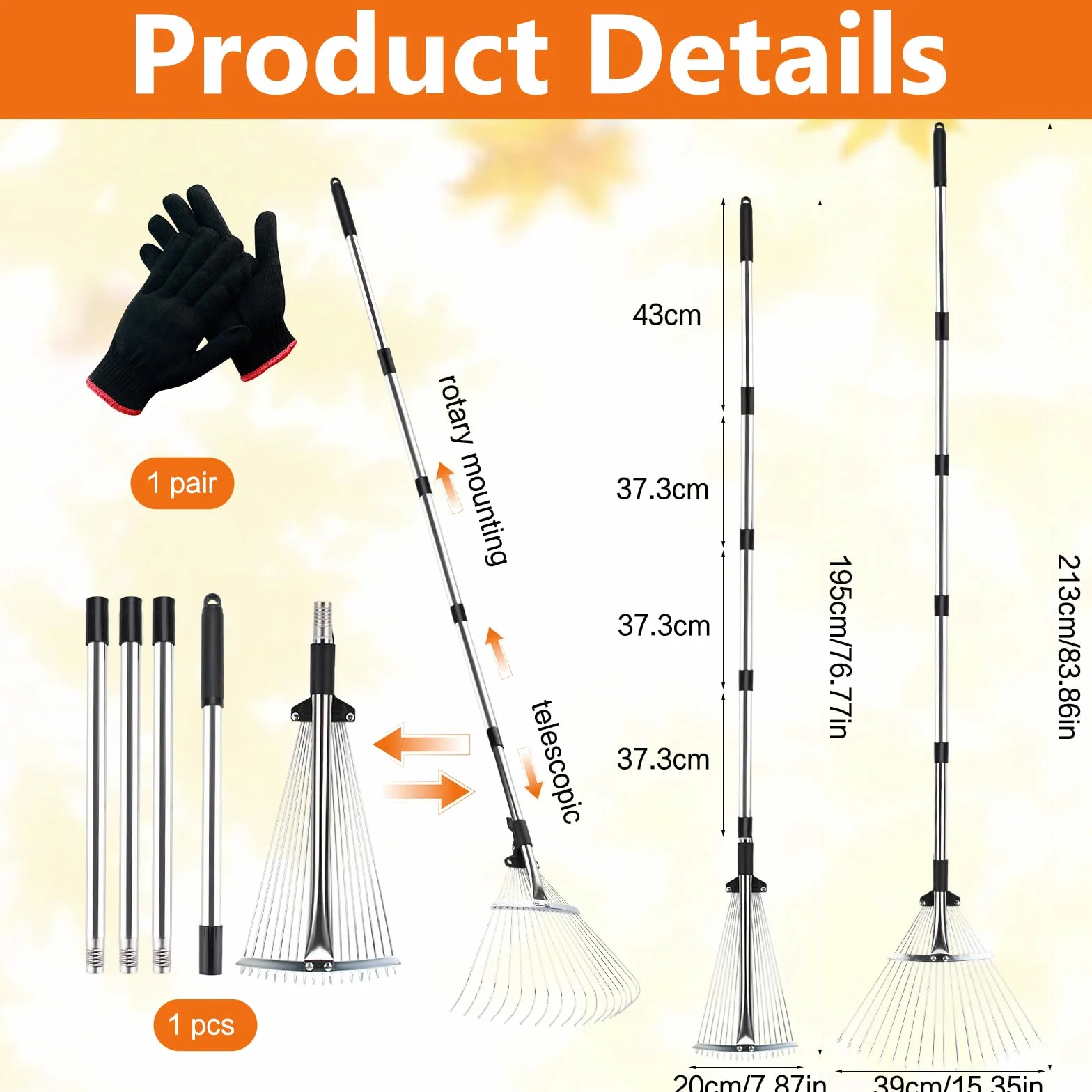 JOYBOY Grabie do Liści z 18 Zębami, Grabie Ogrodowe z Trzonkiem 213 cm, Regulowany Drążek Metalowy, Szerokość Robocza 20-40 cm, Grabie Wachlarzowe do Trawnika, Ogrodu i Podwórka (z Rękawicami w Zestaw