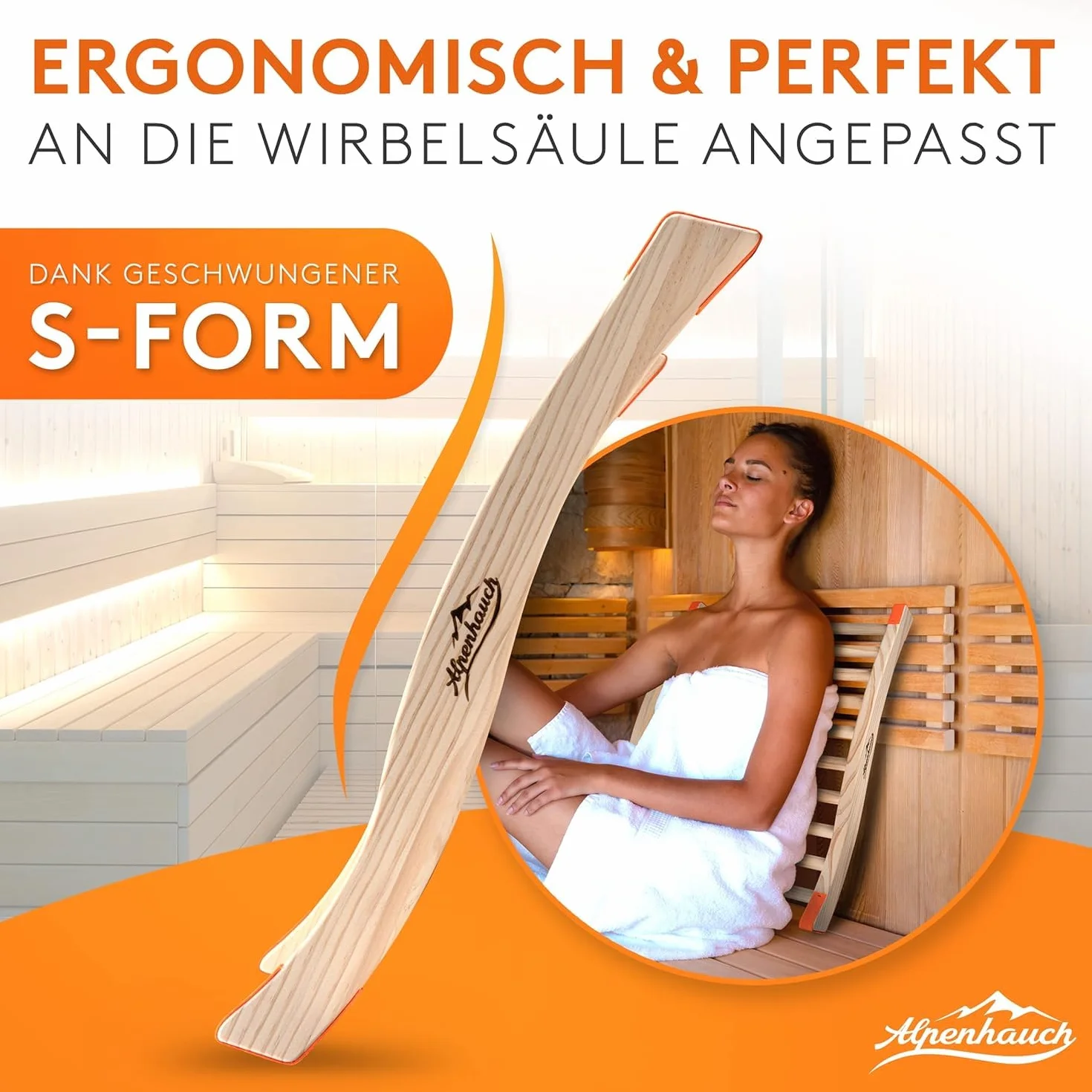 ALPENHAUCH Oparcie do sauny ze 100% naturalnego drewna [2 sztuki] – ergonomiczne oparcie w kształcie litery S – eleganckie akcesoria do sauny, kabina na podczerwień – wygodne oparcie kabina na