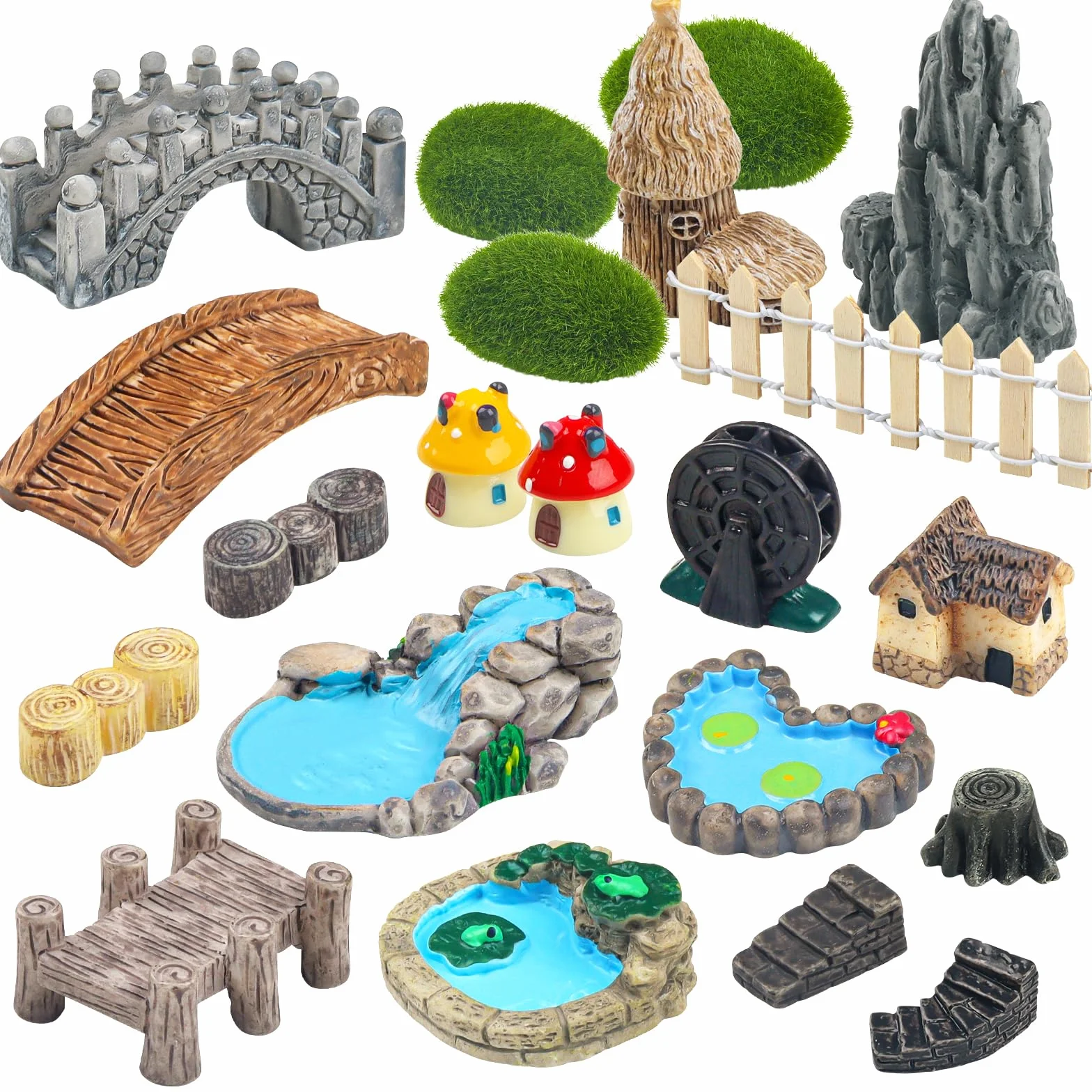 QUOZUO Miniatury ogrodowe, most, dom, krajobraz, studnia, ogrodzenie, figurki, staw, grzyb, trawnik, ozdoba do majsterkowania, sukulentów, 21 szt