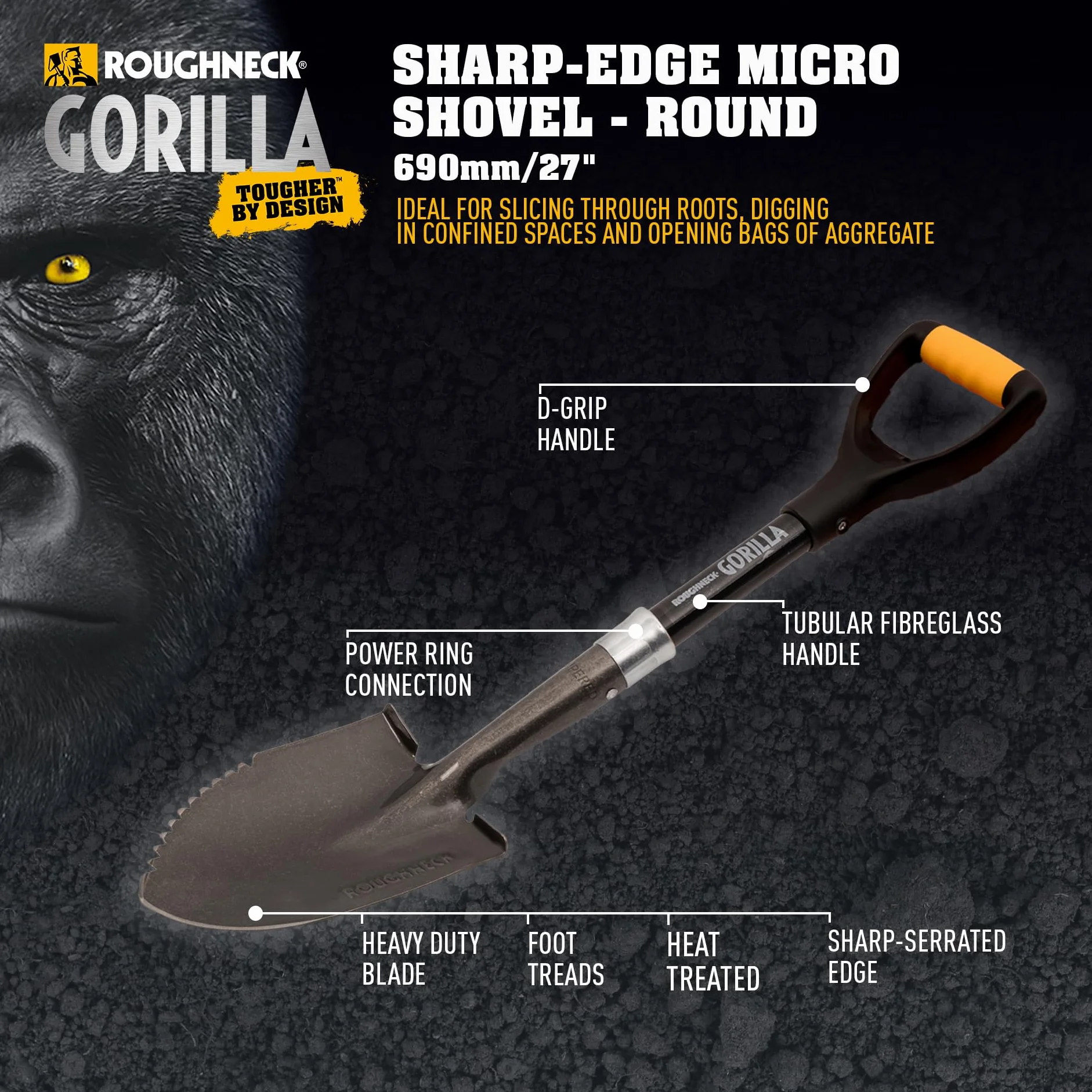 Łopata Roughneck Gorilla Sharp-Edge Micro 690 mm (27") – Wytrzymałe, okrągłe ostrze do cięcia, kopania i otwierania worków z materiałem sypkim w małych, kompaktowych przestrzeniach