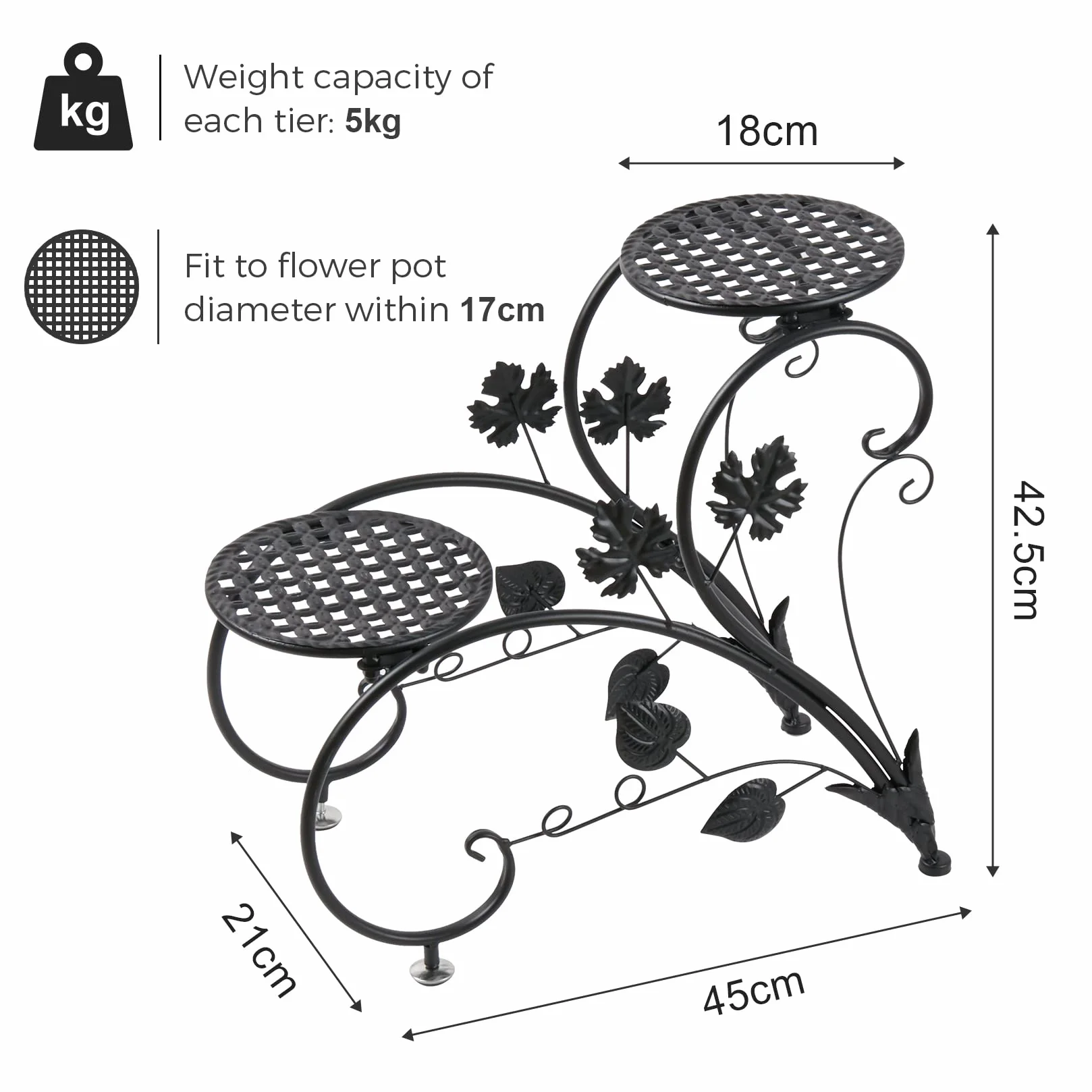 Regał na rośliny kute żelazo 4 półki stojak na kwiaty 20 kg 90x42x21cm czarny