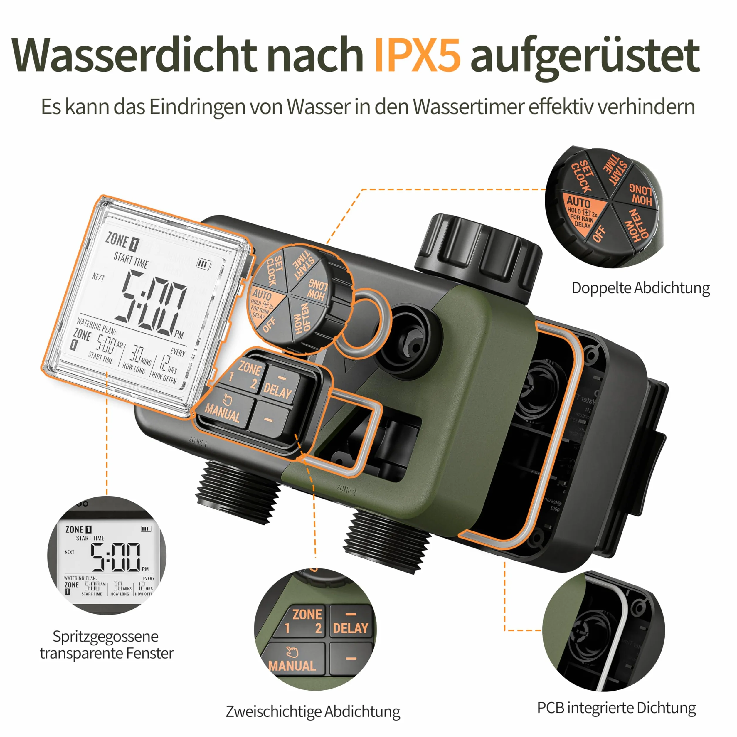 Diivoo IPX5 Sterownik nawadniania z 2 wyjściami, dużym wyświetlaczem LCD, zegar nawadniania z funkcją opóźnienia deszczowego i ręcznego podlewania, automatyczny timer do ogrodu i trawnika