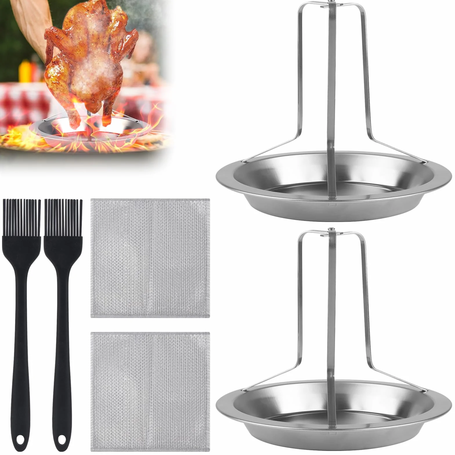 2 sztuki pieczeniarek do kurczaka ze stali nierdzewnej, pionowy stojak na kurczaka, uchwyt grillowy na kurczaka, wyjmowany grill do kurczaka z 2 szt. pędzli do oleju i 2 ściereczkami do