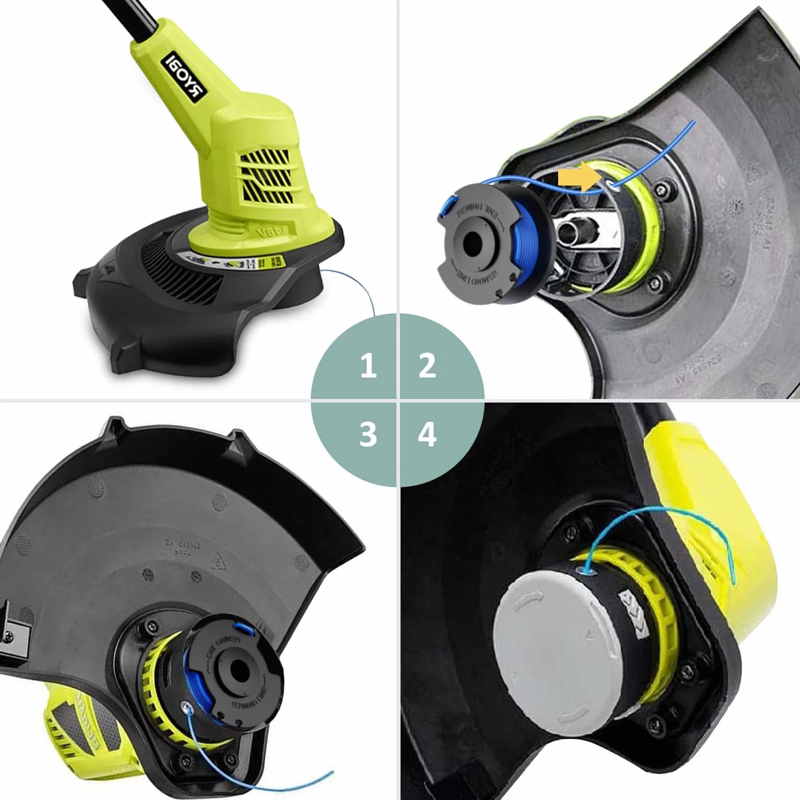 YWTESCH 12 sztuk zamiennej szpuli do podkaszarki AC14RL3A, kompatybilnej z Ryobi One+ 18V 24V 40V, szpula o średnicy 1,65 mm i długości 3,4 m, zawiera 12 paczek szpul i 3 pakiety nakładek