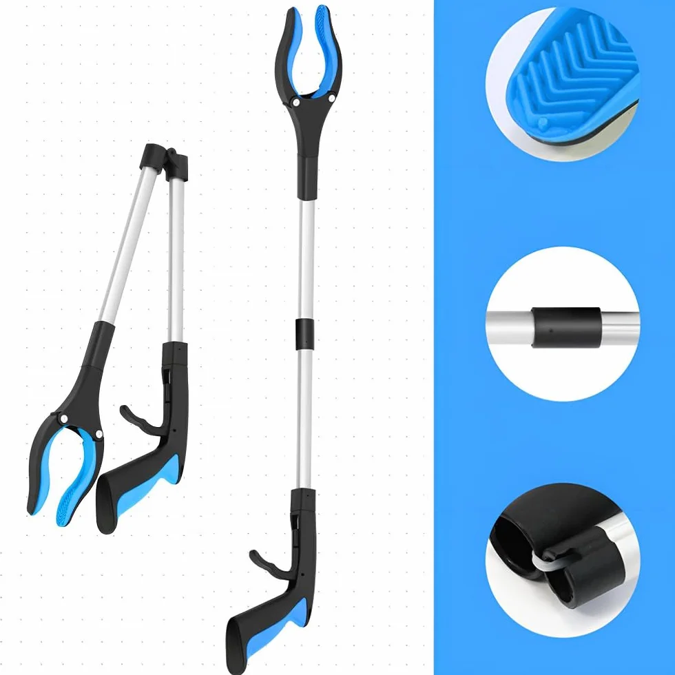 Chwytak do podnoszenia guf, szczypce chwytające dla seniorów, ergonomiczne składane, 83 cm, magnetyczne przyciąganie liści, chwytak do liści, obracany o 360° (niebieski)