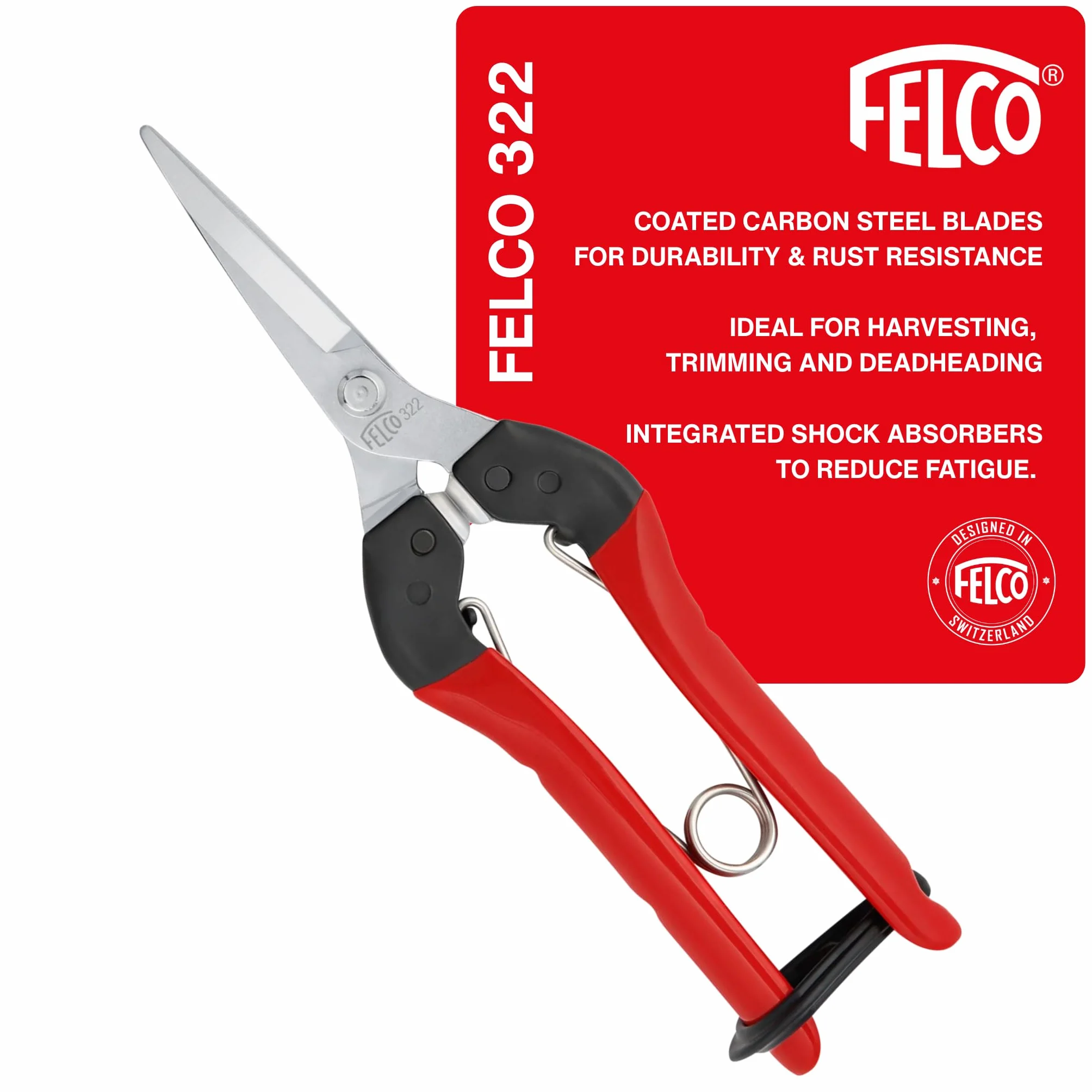 FELCO 322 nożyce precyzyjne długie, chromowane ostrze 46 mm, cięcie 10 mm, ergonomiczne stalowe uchwyty, amortyzatory poliuretanowe, lekkie narzędzie 190 mm