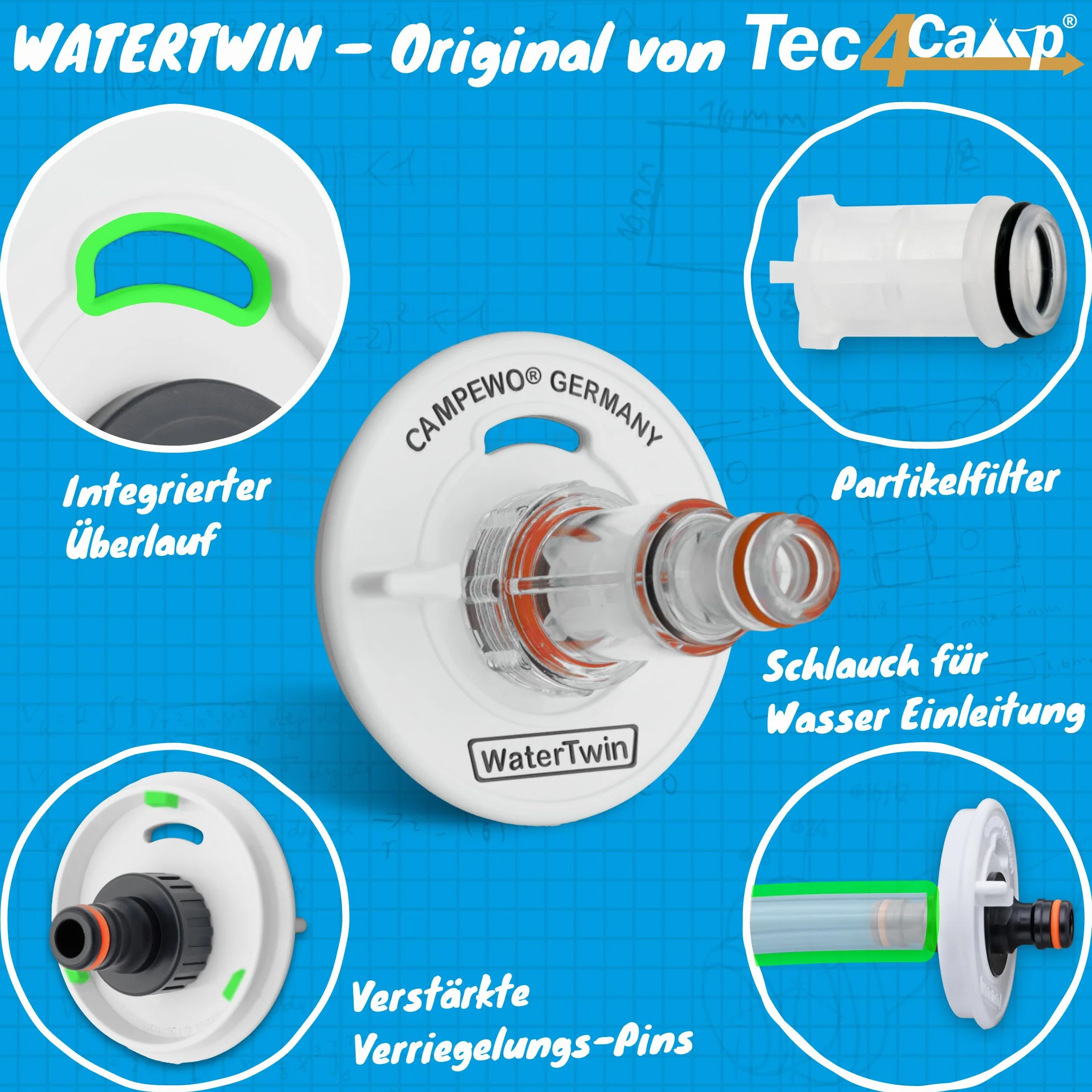Tec4Camp® WATERTWIN-PRO korek wlewu paliwa z przyłączem wody | adapter z filtrem do pokrywy zbiornika na wodę, 3-pinowy śr. D:68, króciec wlewu wody, przyłącze napełnienia, akcesoria do przyczep