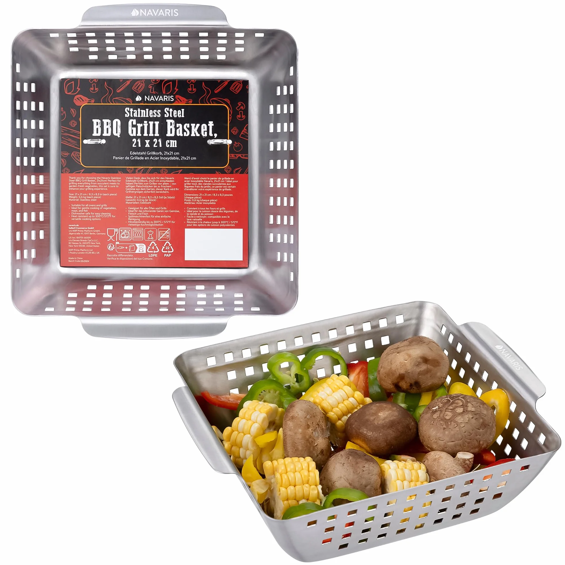 Navaris Taca do grillowania ze stali nierdzewnej – kosz na warzywa – patelnia do grilla – miska na warzywa – doskonała akumulacja ciepła – do wszystkich rodzajów grilla – 21 x 21 cm