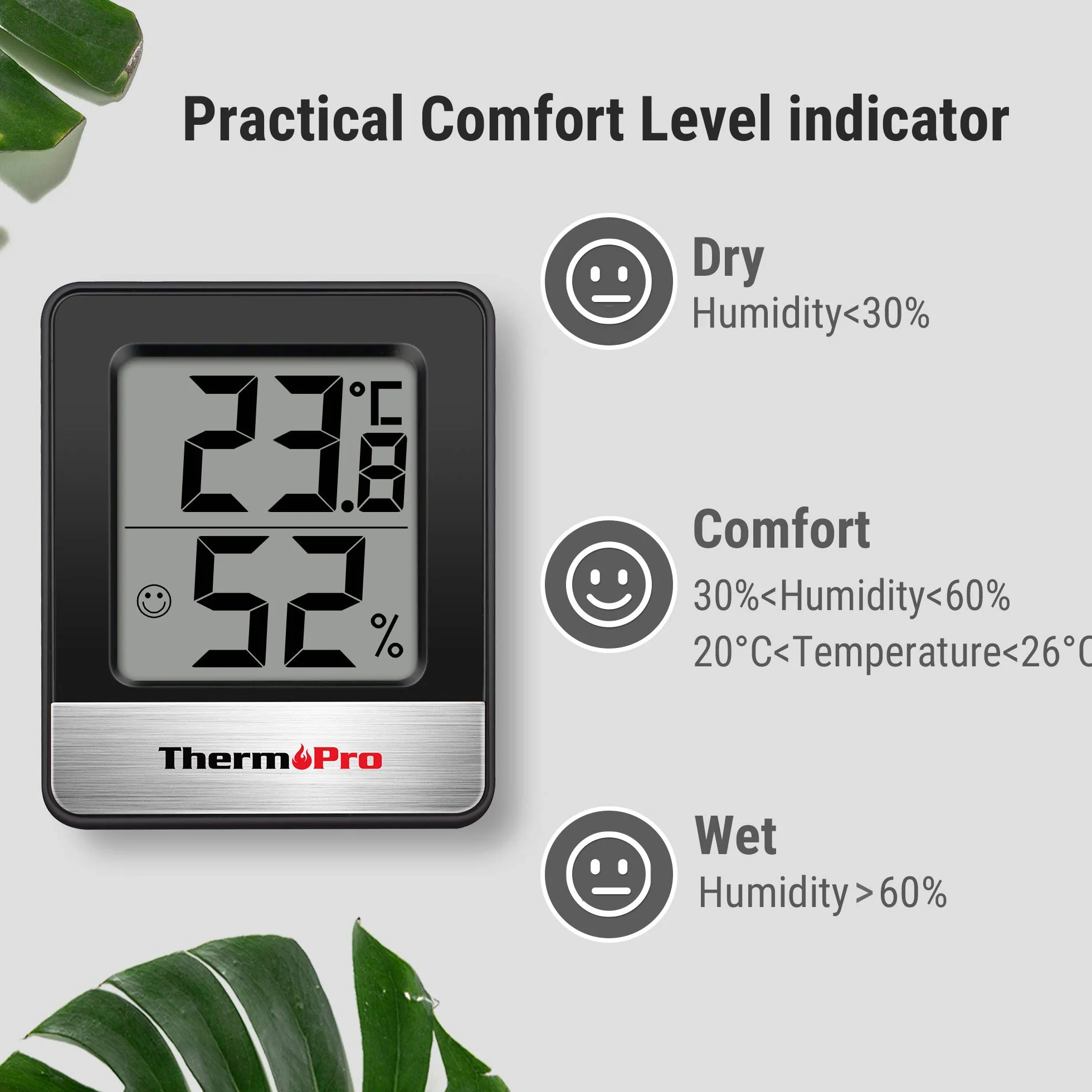 ThermoPro TP49 cyfrowy mini termometr z funkcją higrometru, pomiar temperatury i wilgotności powietrza w pomieszczeniu ze wskaźnikiem smiley do kontroli klimatu w pomieszczeniu, czarny