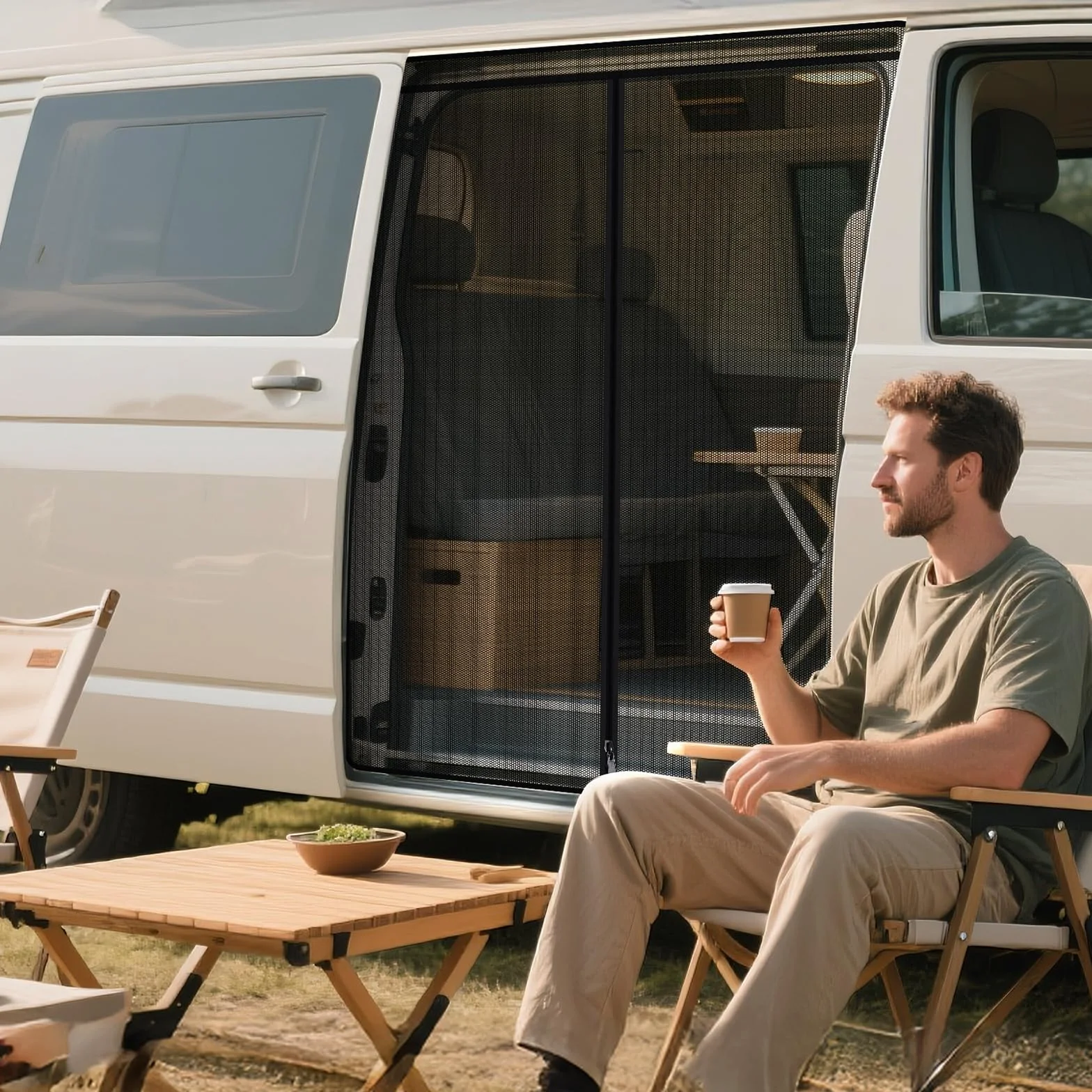 Moskitierka magnetyczna dla VW T5 T6 drzwi przesuwnych | Sieć przeciwkomary i moskitierka z zamkiem na środku | Ochrona przeciwsłoneczna jako akcesorium kempingowe dla Multivan