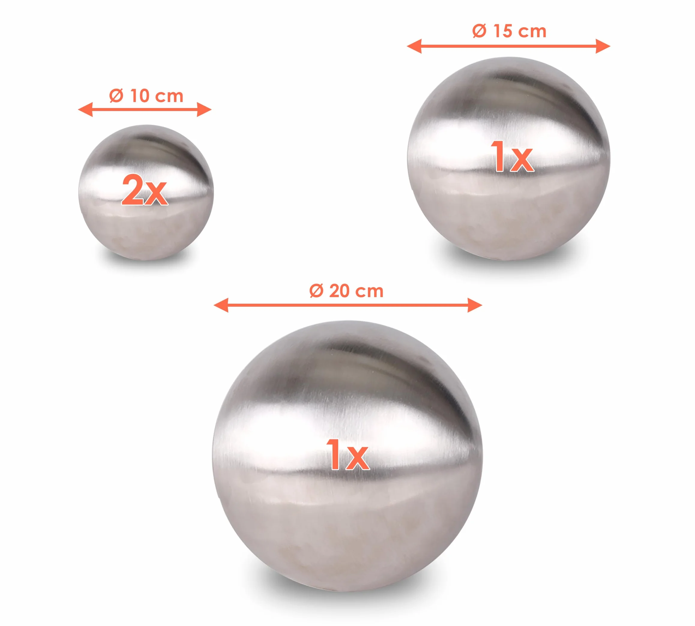 Kula ogrodowa ze stali nierdzewnej, zestaw 4 sztuk, matowa, szczotkowana, 10/15/20 cm, dekoracyjna, metalowa, pusta kula srebrna, dekoracyjna kula metalowa, dekoracja ogrodowa, okrągła