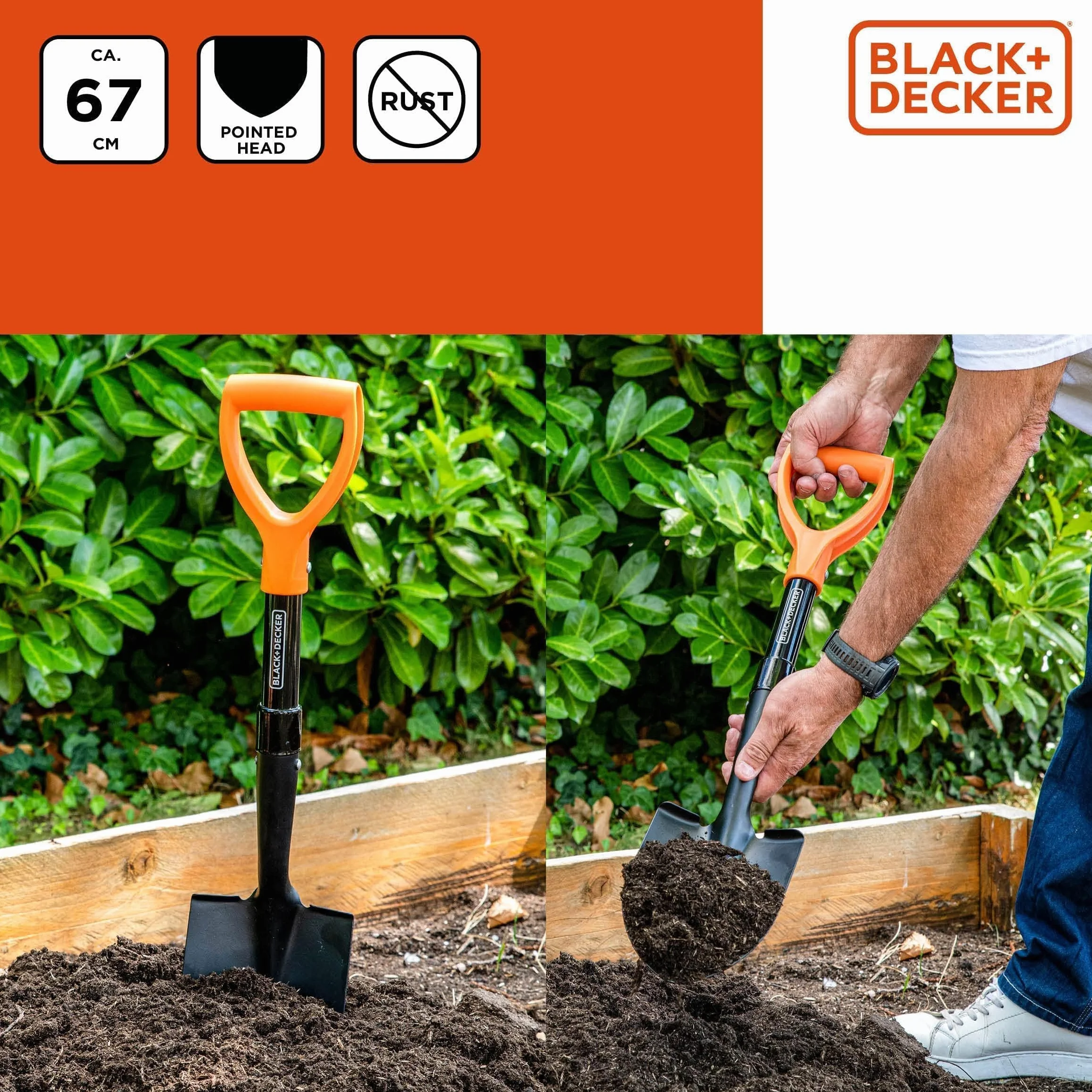 BLACK+DECKER Łopata – 67 cm – 800 g – nierdzewna – głowica ze stali węglowej i trzonek z włókna szklanego – czarna