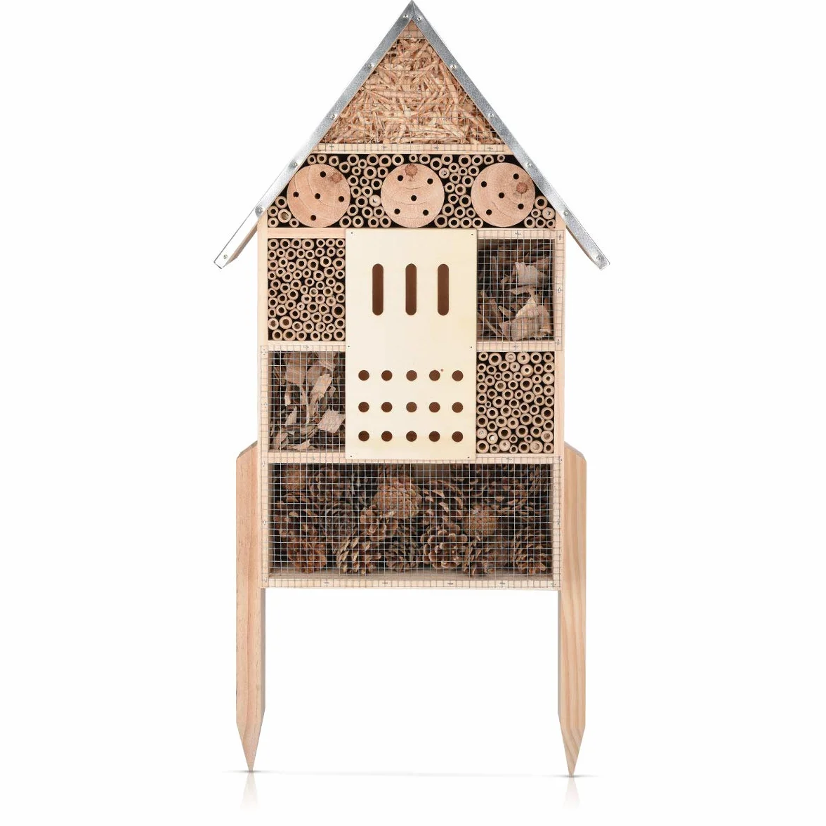 Navaris XL Drewniany Hotel dla Owadów - 38 x 11,5 x 57 cm - Domek z Naturalnego Drewna, Schronienie Ogrodowe, Bambusowe Siedlisko Gniazdowe dla Pszczół, Motyli, Biedronek