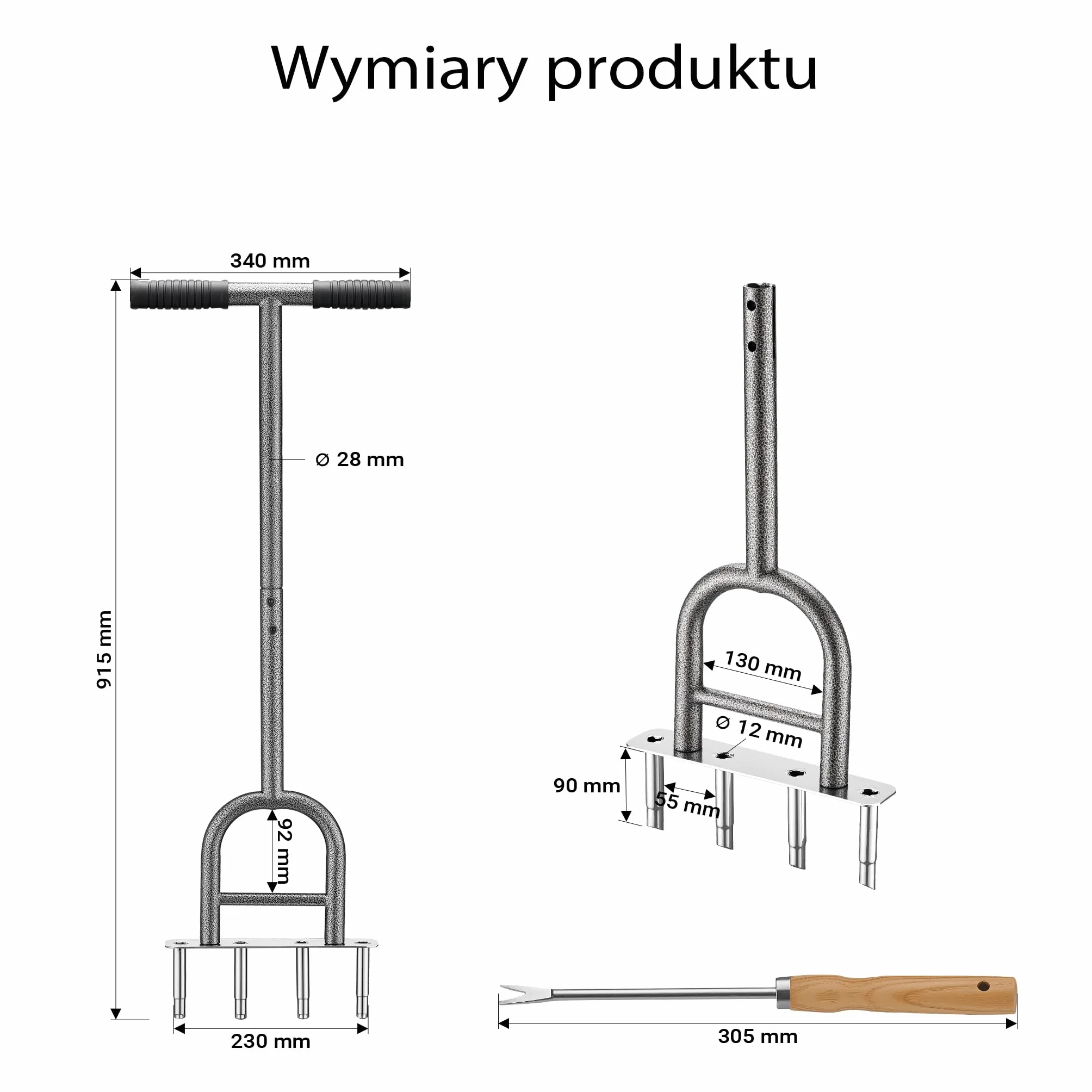 Wiltec Aerator rurkowy o szerokości napowietrzania 230 mm, narzędzie ręczne z otworem na stopę i gumowanym uchwytem, z odchwaszczaczem ręcznym