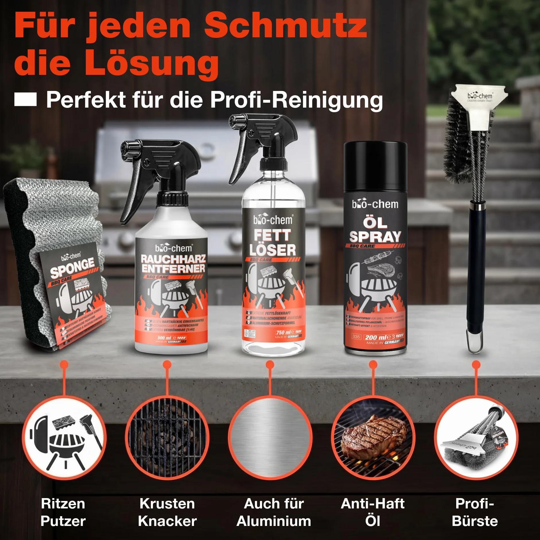 Bio-Chem Zestaw do czyszczenia powierzchni grillowych 0,5 l 750 ml 200 ml szczotka gąbka