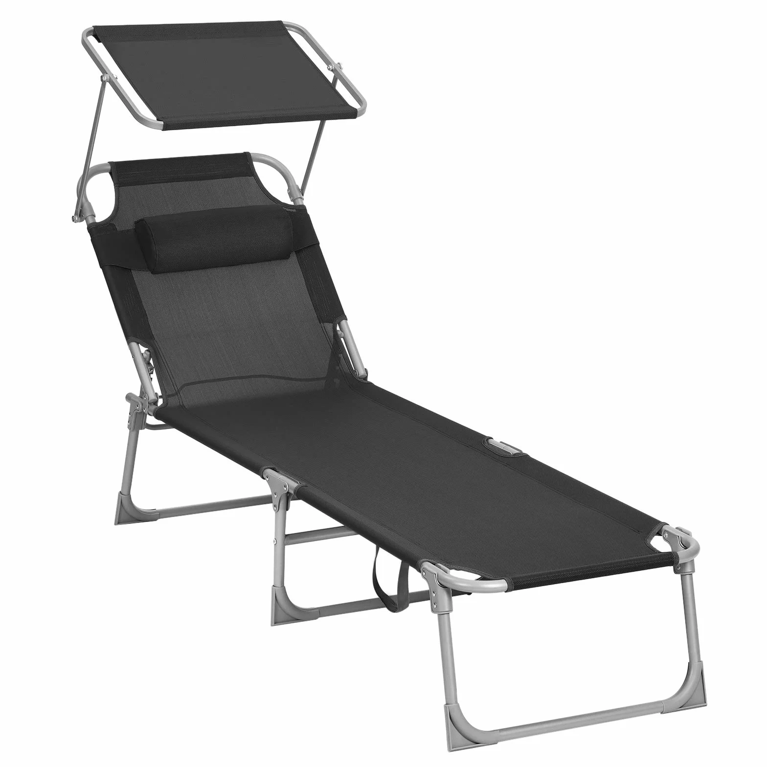 SONGMICS Leżak do opalania, leżak relaksacyjny z zagłówkiem, oparciem i parasolem, odchylany, lekki, składany, 53 x 193 x 29,5 cm, obciążenie 150 kg, do ogrodu, czarny GCB192B01