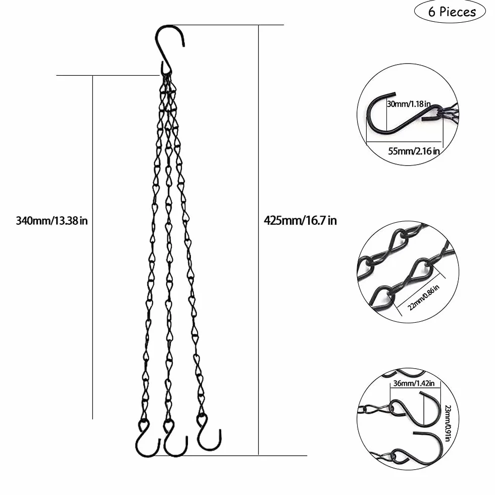 6 sztuk łańcuch do wieszania roślin, 40 cm / 15,7 cala łańcuch do doniczek, zapasowy metalowy łańcuszek, żelazo, trwały z haczykiem S, do zawieszania roślin, karmników dla ptaków, doniczek, klatek dla ptaków i ozdób (czarny)
