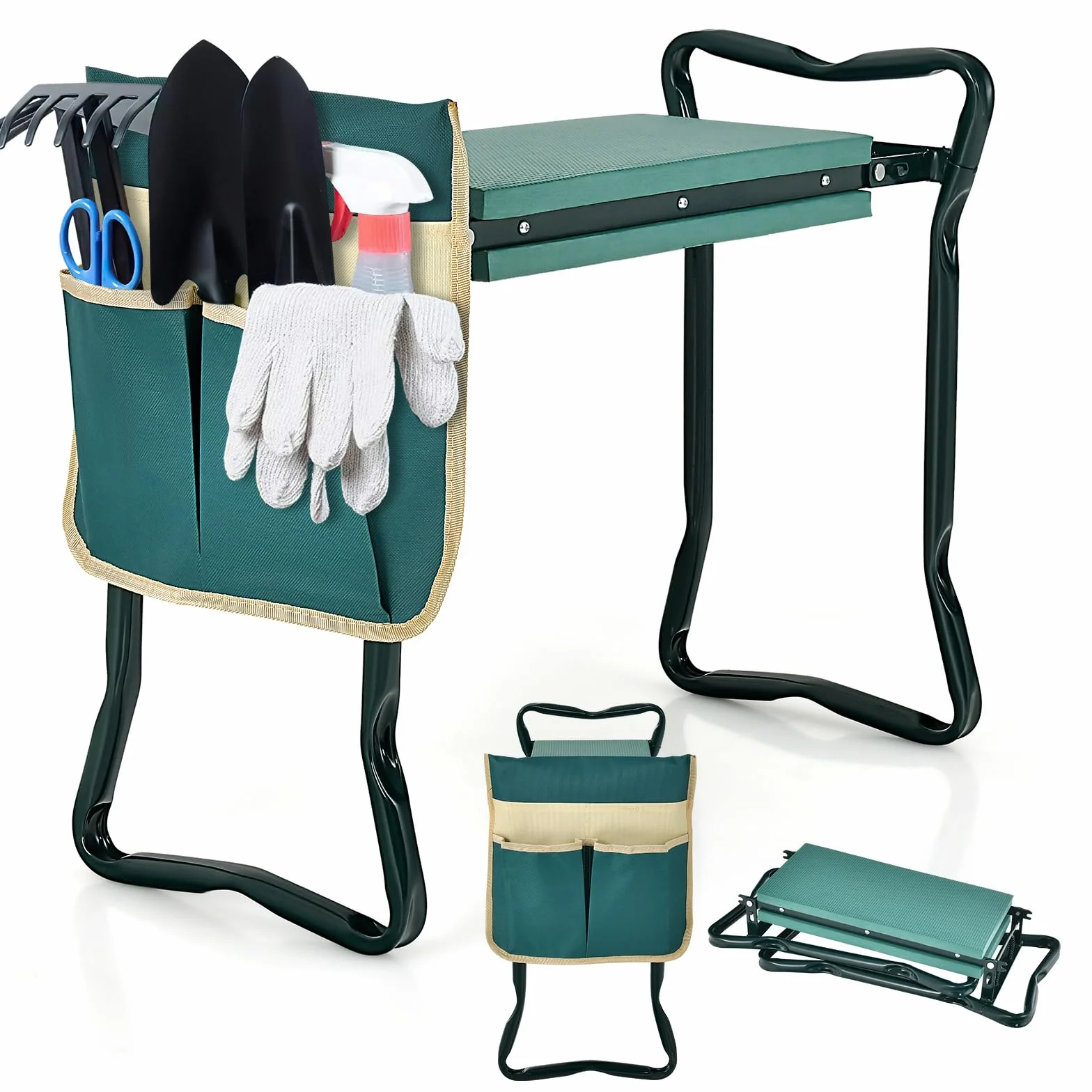 COSTWAY Ławka ogrodowa 2 w 1 składana z poduszką EVA i torbą na narzędzia, obciążenie 150 kg, 58x27,5x50 cm, zielona