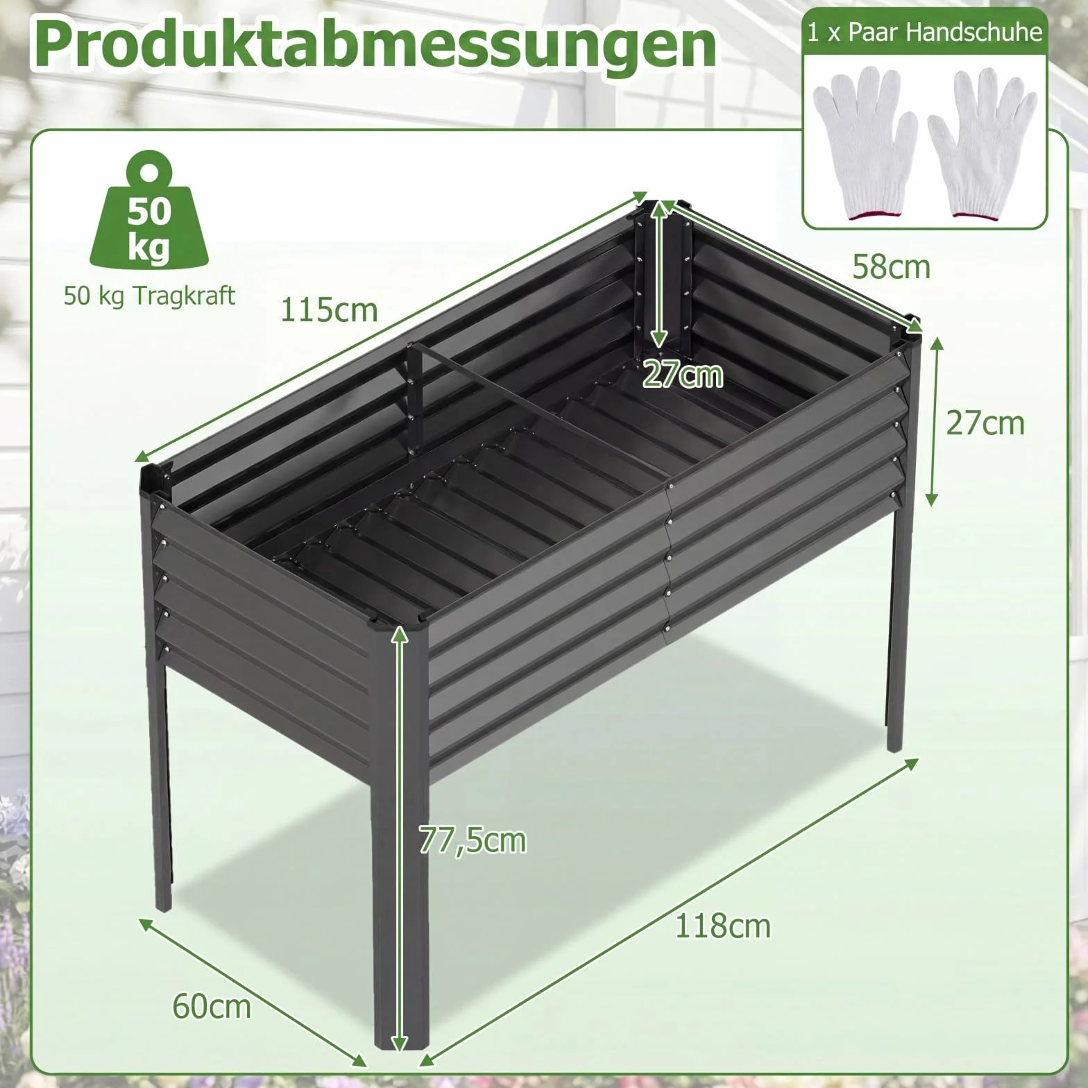 COSTWAY Podwyższona grządka ogrodowa, metalowa, podwyższona grządka ogrodowa do 50 kg, donica na rośliny z systemem odpływowym, na warzywa, owoce, kwiaty, zioła, na balkon, do ogrodu, na taras, 118 x