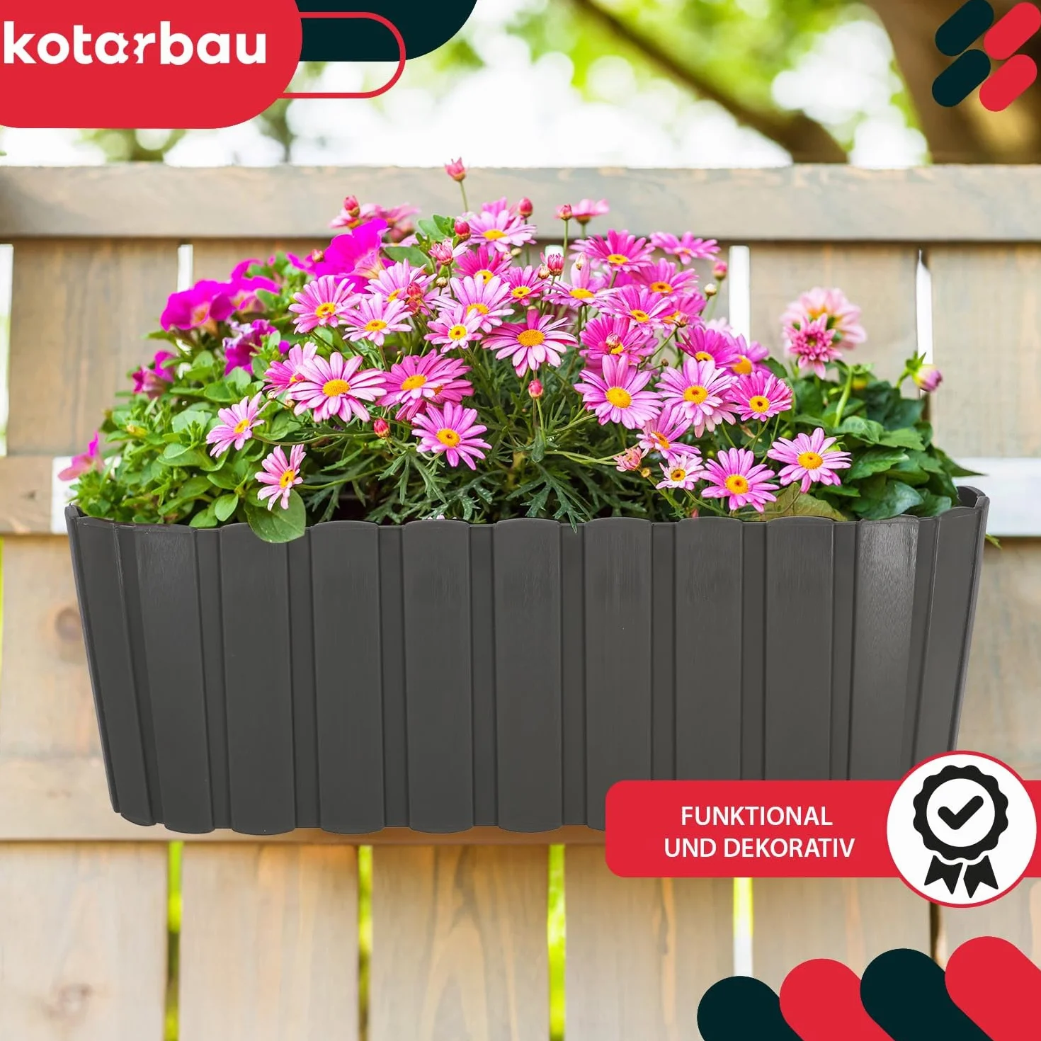 KOTARBAU® Doniczka Balkonowa na Balustradę - 40 x 15 x 15 cm - Skrzynka Plastikowa na Balkon - Owalna - Rustykalna - Szara - Zestaw 2 SZT