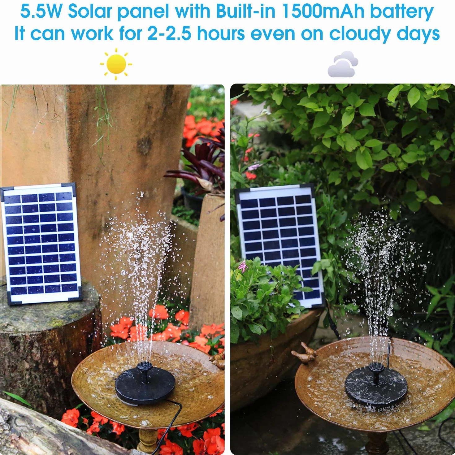 AISITIN Zewnętrzna fontanna solarna 5,5 W z wbudowaną baterią, pompą wodną, 6 dyszami i pływającą deską do ogrodu, stawu, akwarium i basenu