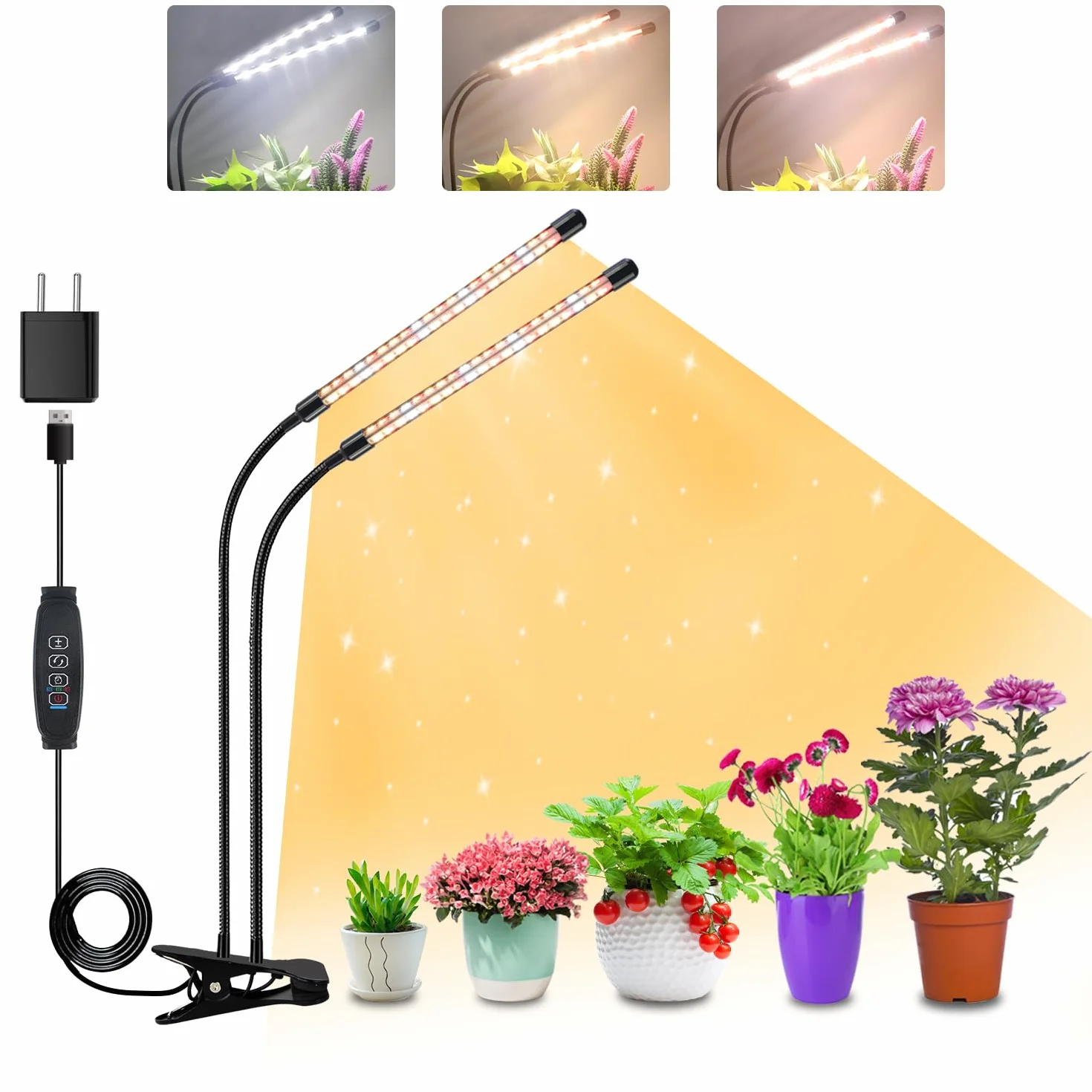 Niello 2-głowicowa lampa do roślin LED, światło roślinne o pełnym spektrum, światło roślinne z timerem, 3 tryby kolorów i 10 poziomów ściemniania, lampa do wzrostu roślin domowych, rośliny domowe