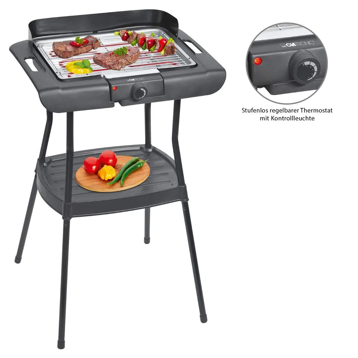 Clatronic BQS 3508 Grill elektryczny z nogami, Gril 35,5 x 24,5 cm, 2000 W, Metal, Czarny