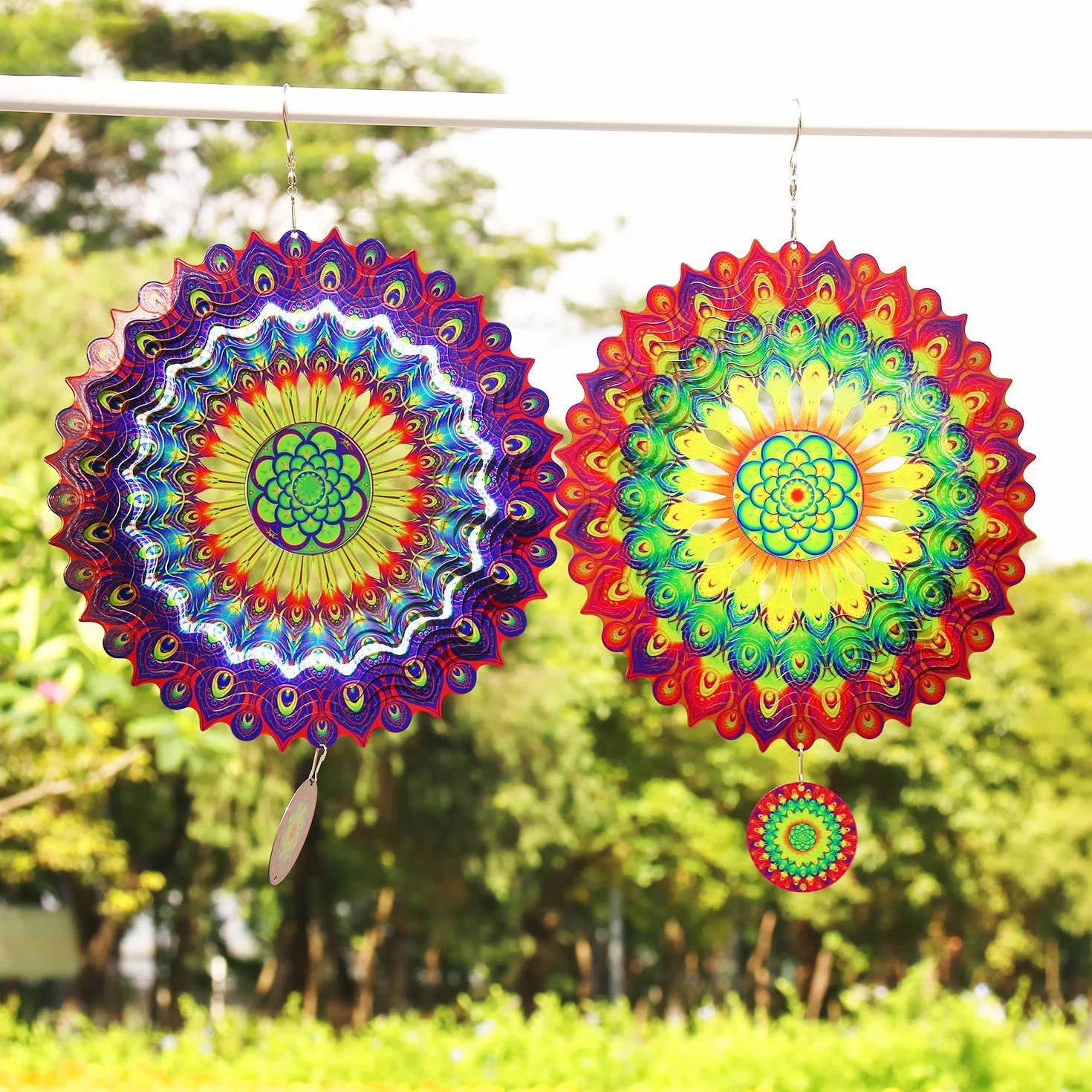3D Mandala Wiatrówki 30 cm Dekoracje Rzeźby Kinetyczne Wiszące Whirligigs Stal nierdzewna Laserowo Wycinane Metalowe Mandale Sztuka, Gwiazda Wisząca Dr Wystrój Wnętrz/Na Zewnątrz, Zielony