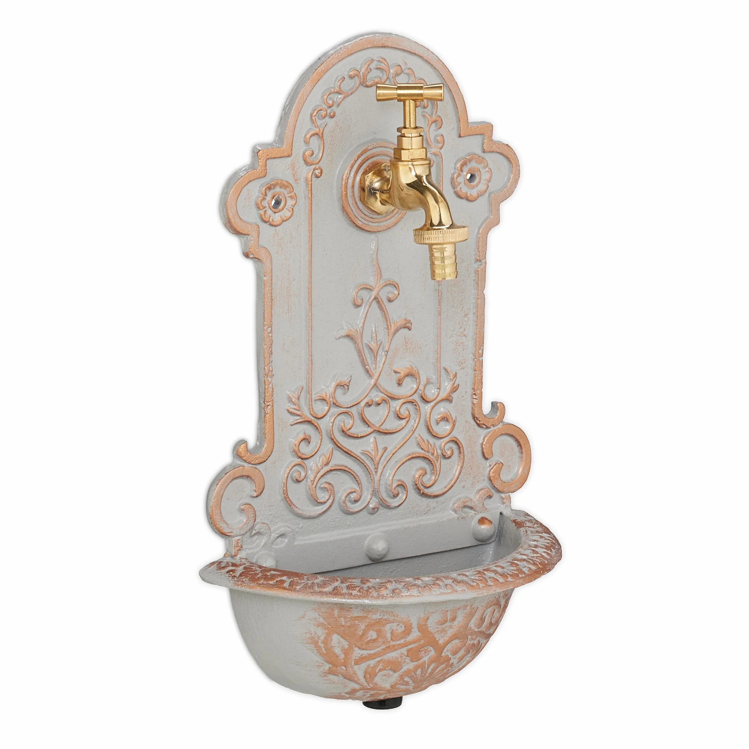 Relaxdays Fontanna ścienna żeliwna antyczny design umywalka kran 36x22x10,5 cm złota/szara mosiądz