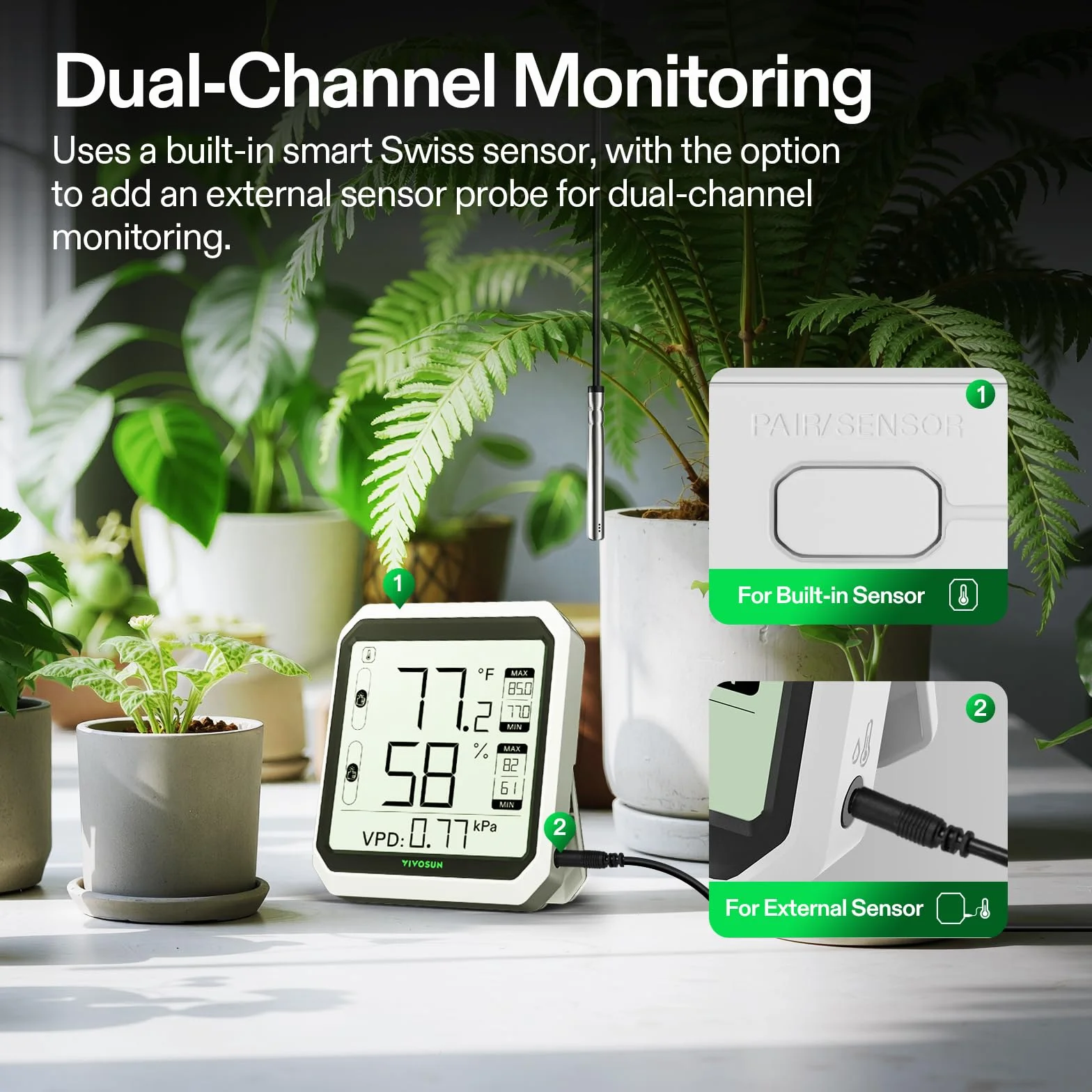 VIVOSUN AeroLab THB1 bezprzewodowy higrometr Bluetooth, inteligentny monitor temperatury, VPD, cyfrowy miernik wilgotności, zdalne sterowanie LCD, zapis danych, podwójne kanały, bateria w zestawie