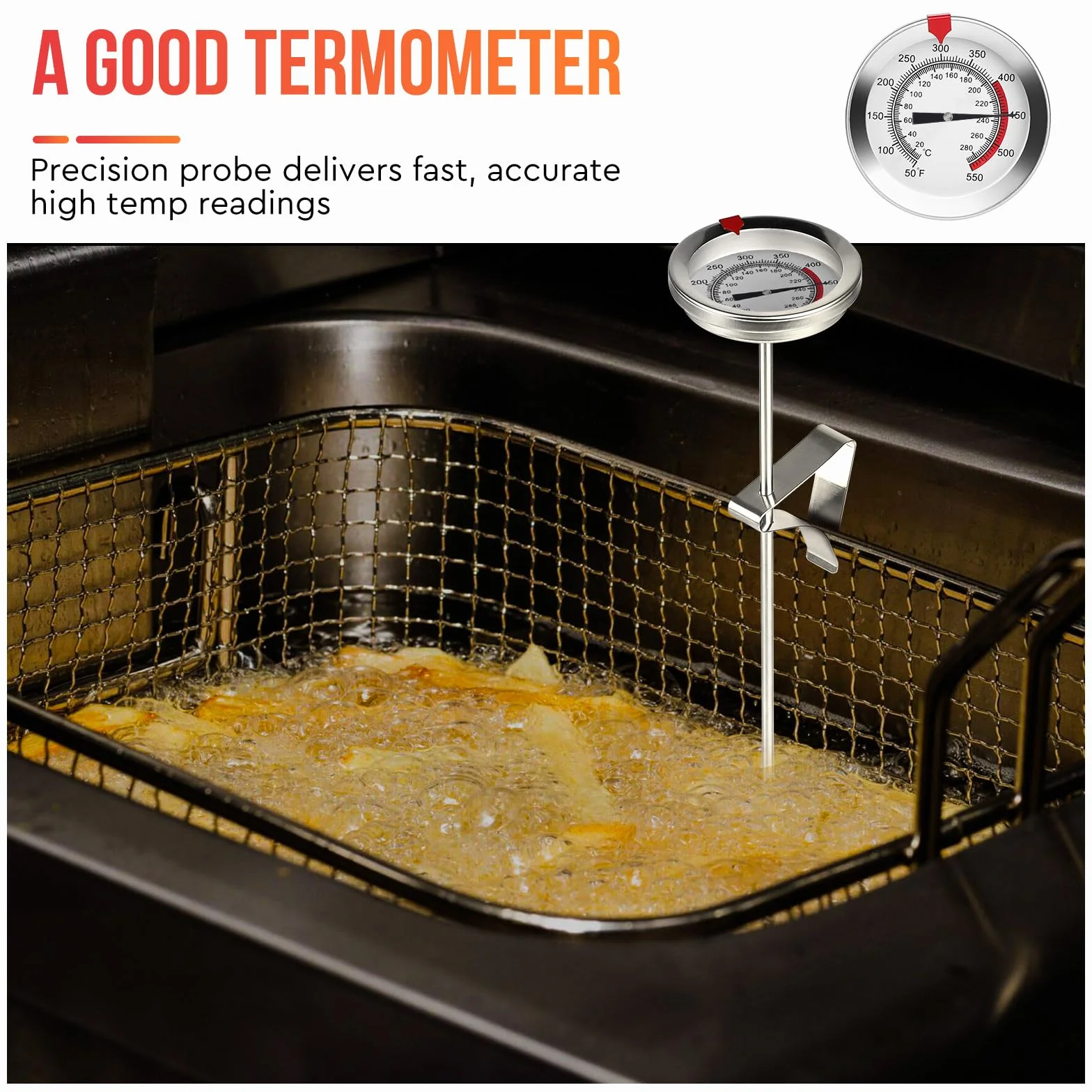 Termometr Mleka Kawy i Smażenia z Zaciskiem 30 cm 20-280°C Analogowy ze Stali Nierdzewnej do Mięsa i Piekarnika