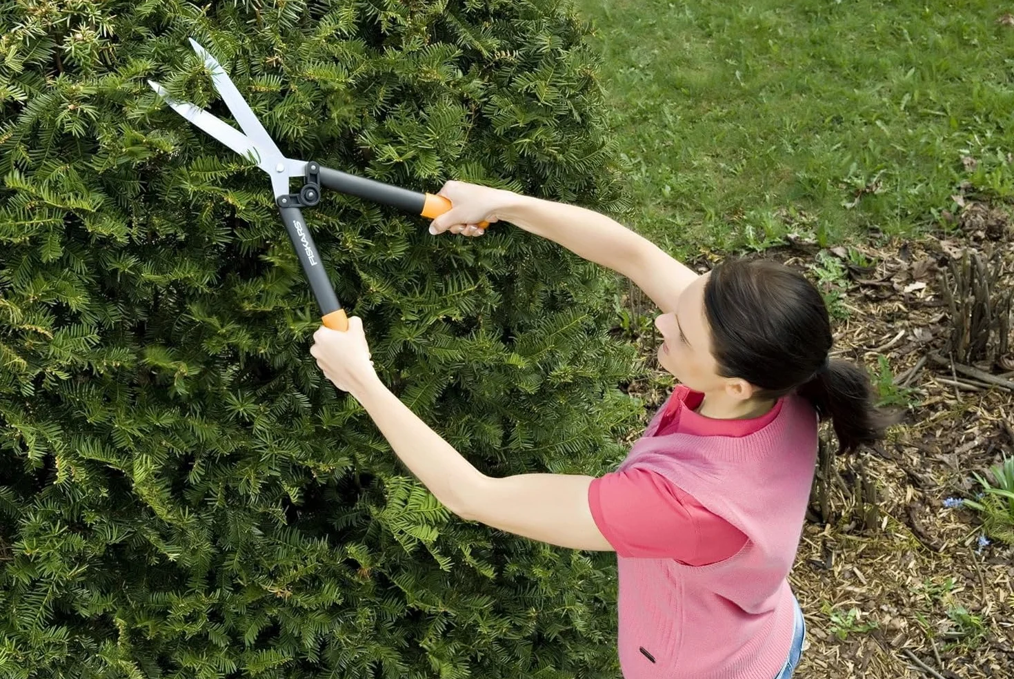 Fiskars Nożyce do żywopłotu HS52, nieprzywierająca powłoka, Wysokiej jakości stalowe ostrza/ tworzywo sztuczne wzmocnione włóknem szklanym, Długość: 58,5 cm, Czarno-pomarańczowy, Powerlever, 1001564