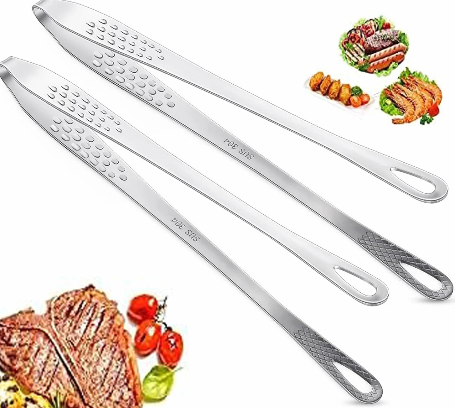 2 szt. Szczypce do grilla, szczypce ze stali nierdzewnej do grilla, koreańskie szczypce do grilla, do gotowania, grilla, bufetu, makaronu, steków - srebrny