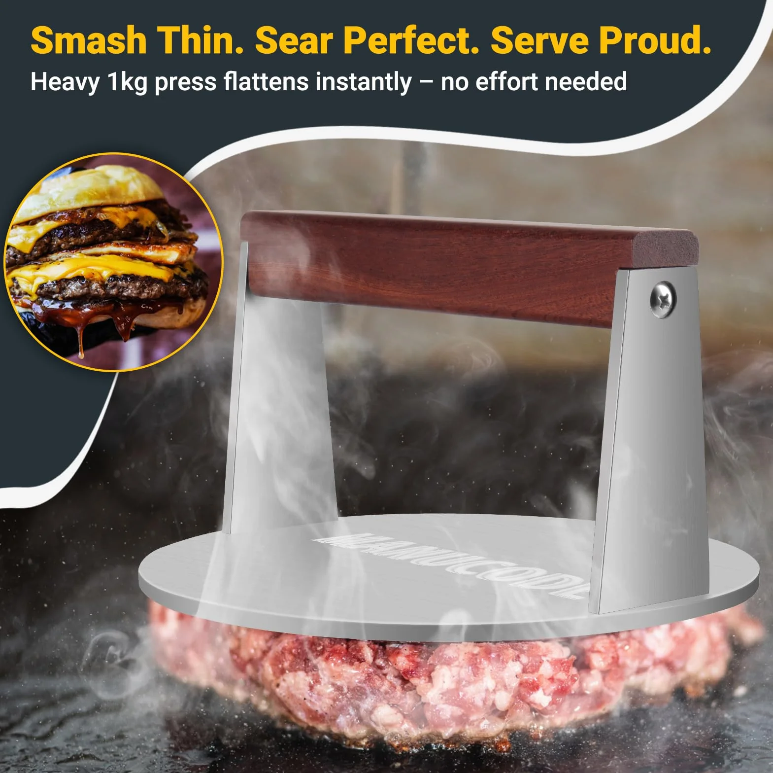 Smash prasa do burgerów ze stali nierdzewnej, 17 cm, 1000 g, obciążnik do mięsa do steków