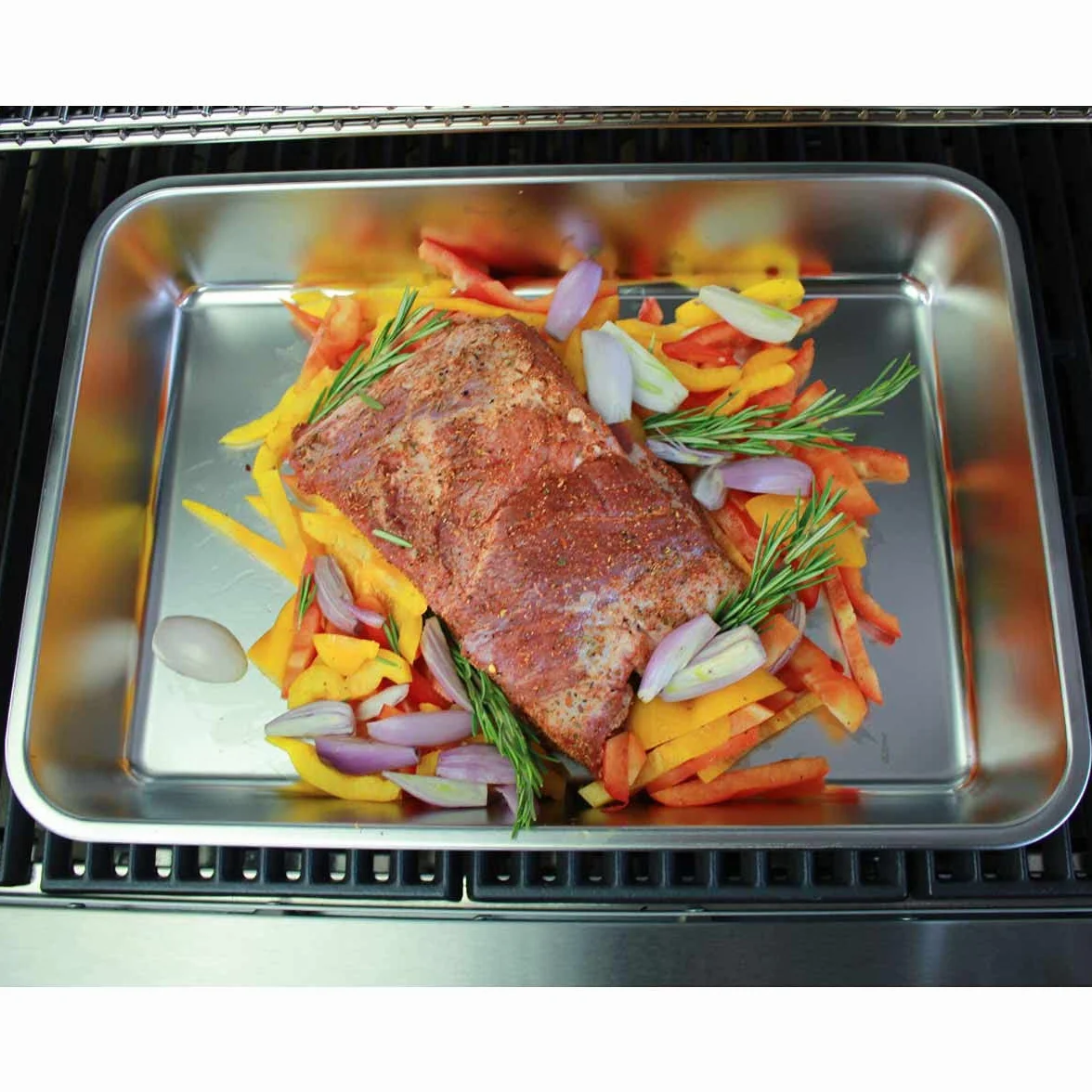 SANTOS Taca do grillowania ze stali nierdzewnej – miska zbierająca 41,5 x 29,5 x 6 cm – wytrzymała patelnia grillowa – idealna do warzyw, ryb i innych – łatwa do czyszczenia – akcesoria do grilla