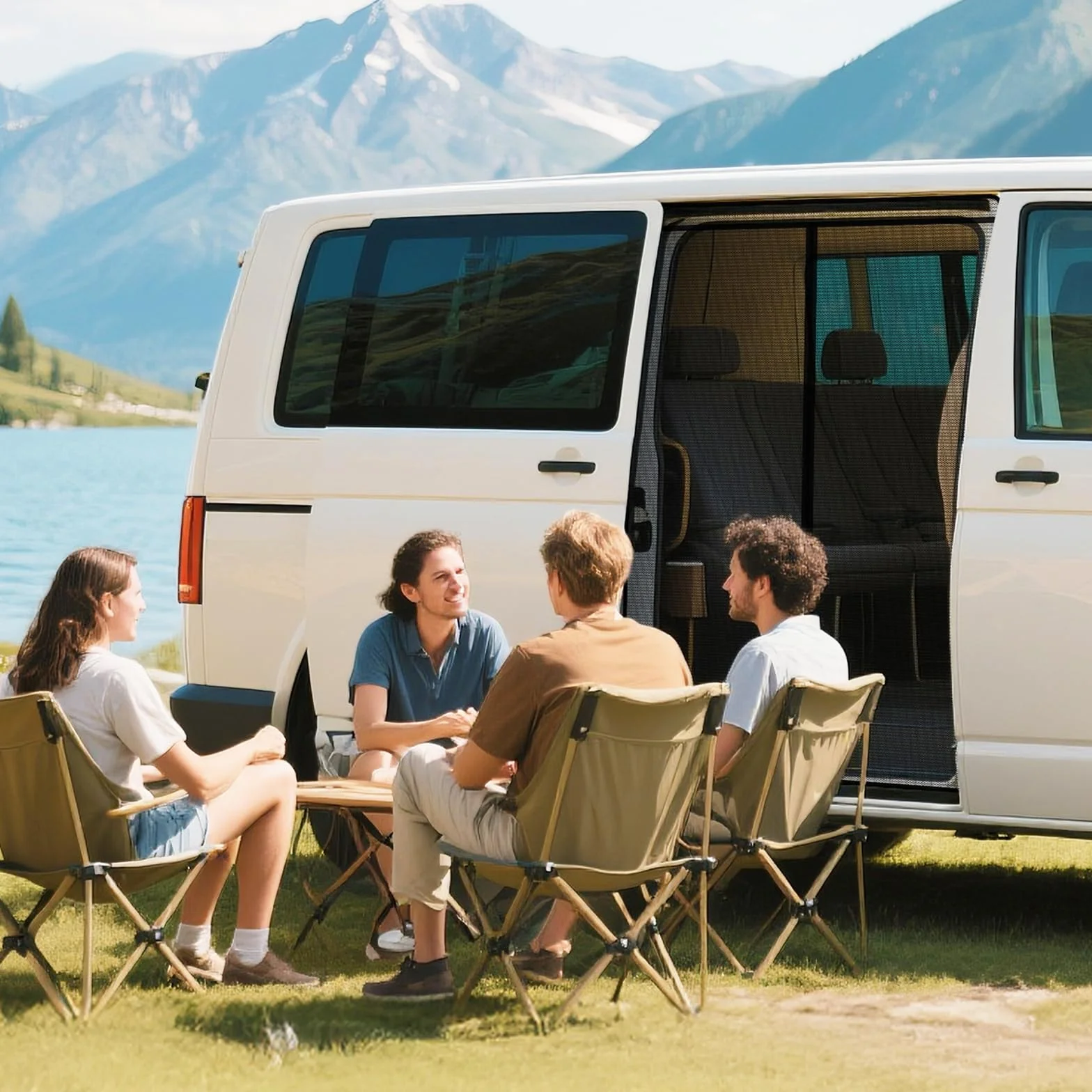 Moskitierka magnetyczna dla VW T5 T6 drzwi przesuwnych | Sieć przeciwkomary i moskitierka z zamkiem na środku | Ochrona przeciwsłoneczna jako akcesorium kempingowe dla Multivan